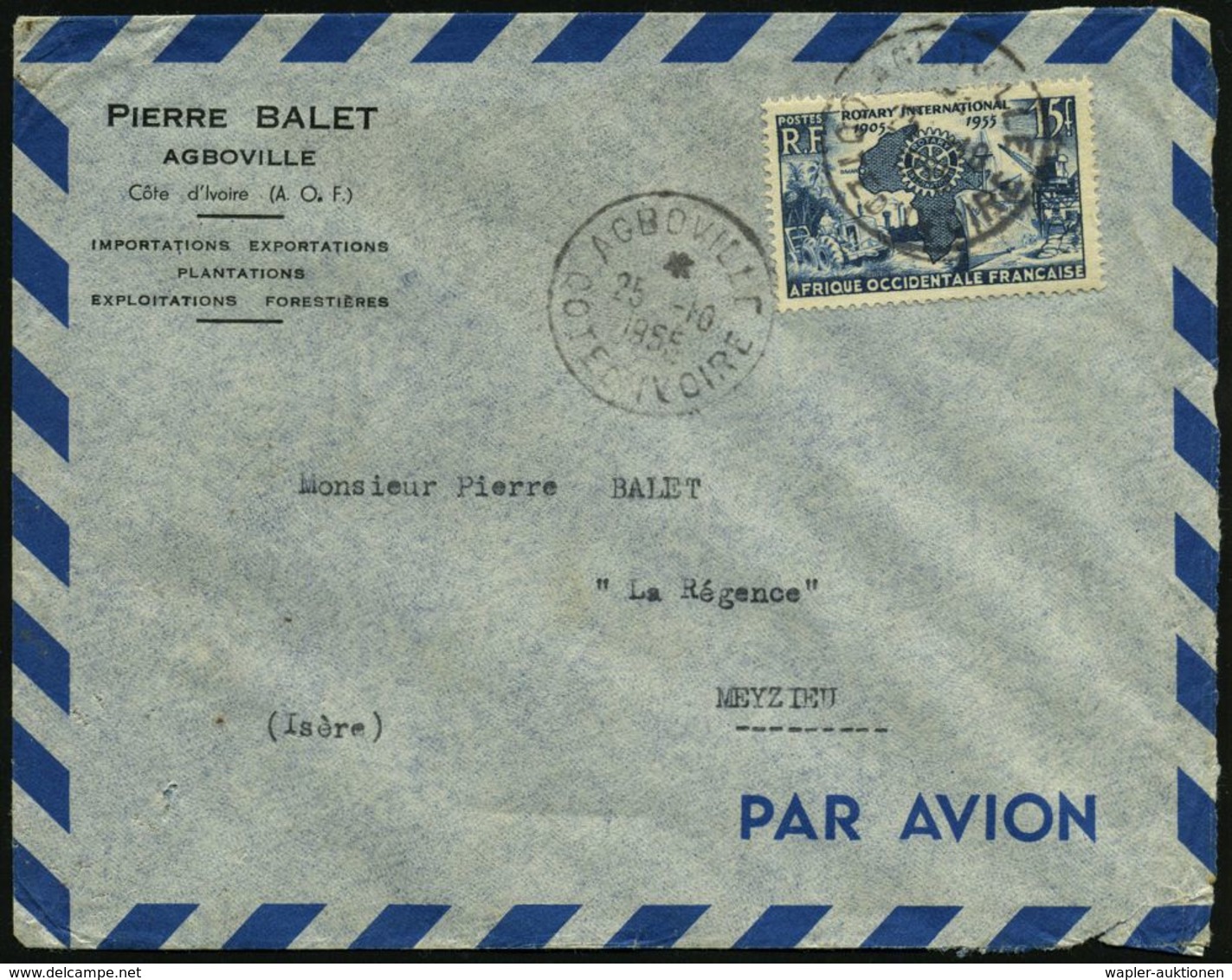 FRANZÖS.WESTAFRIKA 1955 (25.10.) 15 F. "50 Jahre ROTARY", EF Auf Übersee-Flp.-Bf. (rs.Klappe Fehlt, Kl. Eckriß) Klar Ges - Rotary, Lions Club