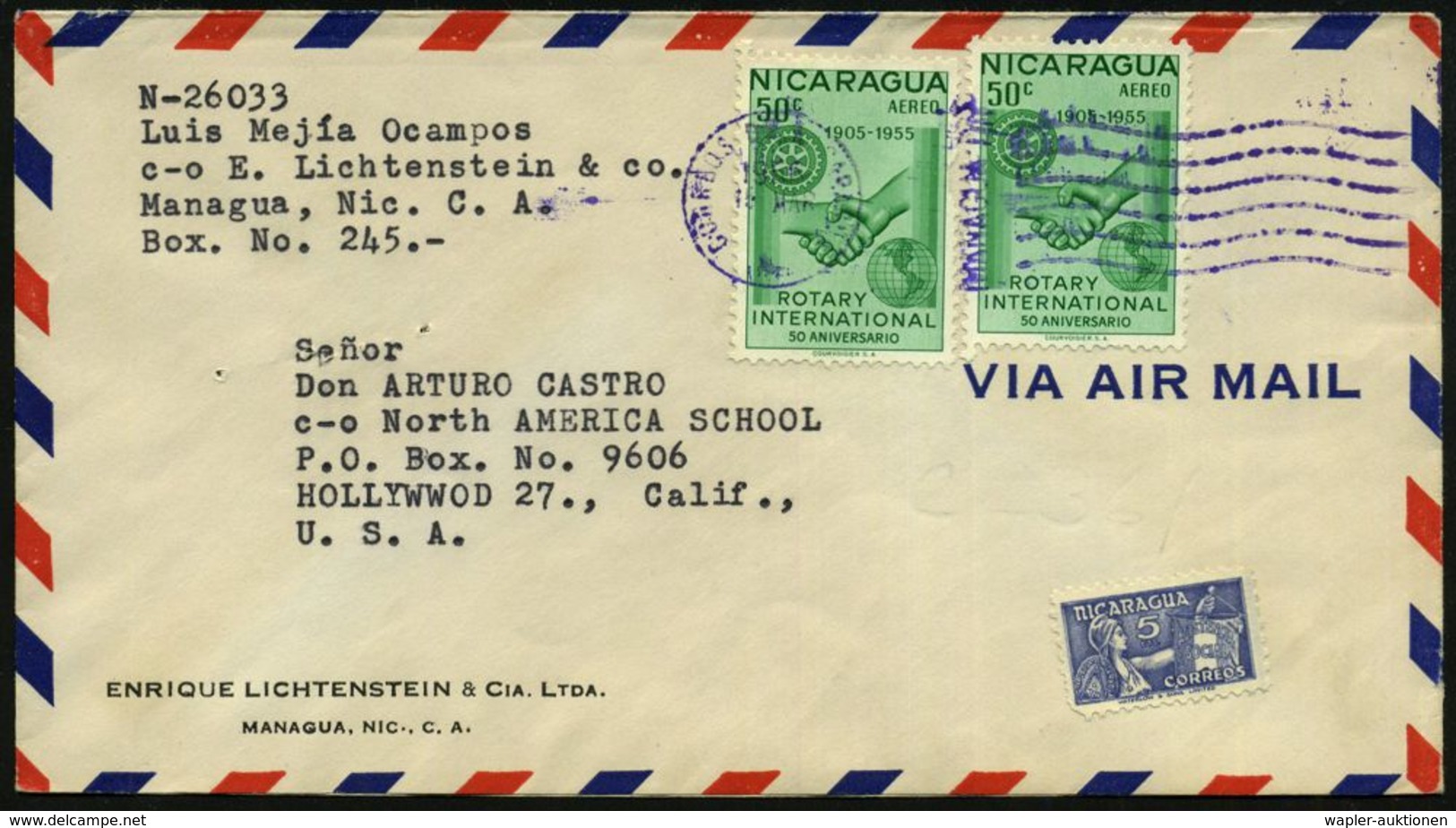 NICARAGUA 1956 (15.3.) 50 C. "50. Jubil. Rotary Internat.", Reine MeF: 2 Stück , Sauber Gest. Übersee-Flp.-Bf.  (Mi.1099 - Rotary, Lions Club