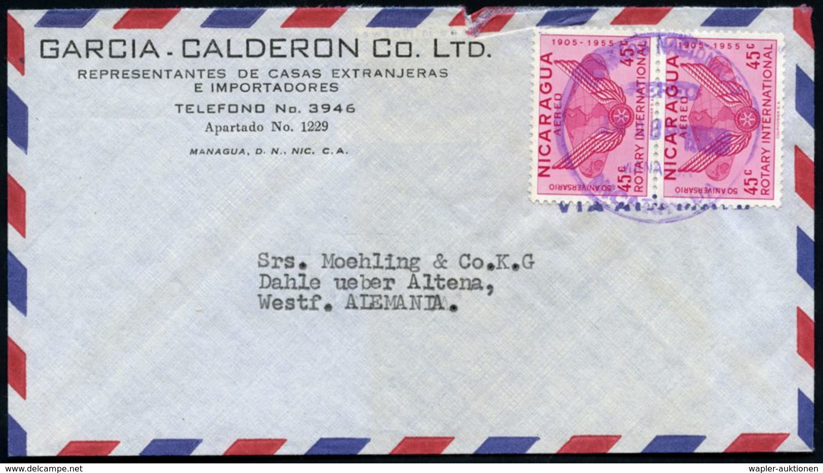 NICARAGUA 1958 (14.4.) 45 C. "50. Jubil. Rotary Internat.", Reine MeF: 2 Stück , Sauber Gest. Übersee-Flp.-Bf.  (Mi.1098 - Rotary, Lions Club