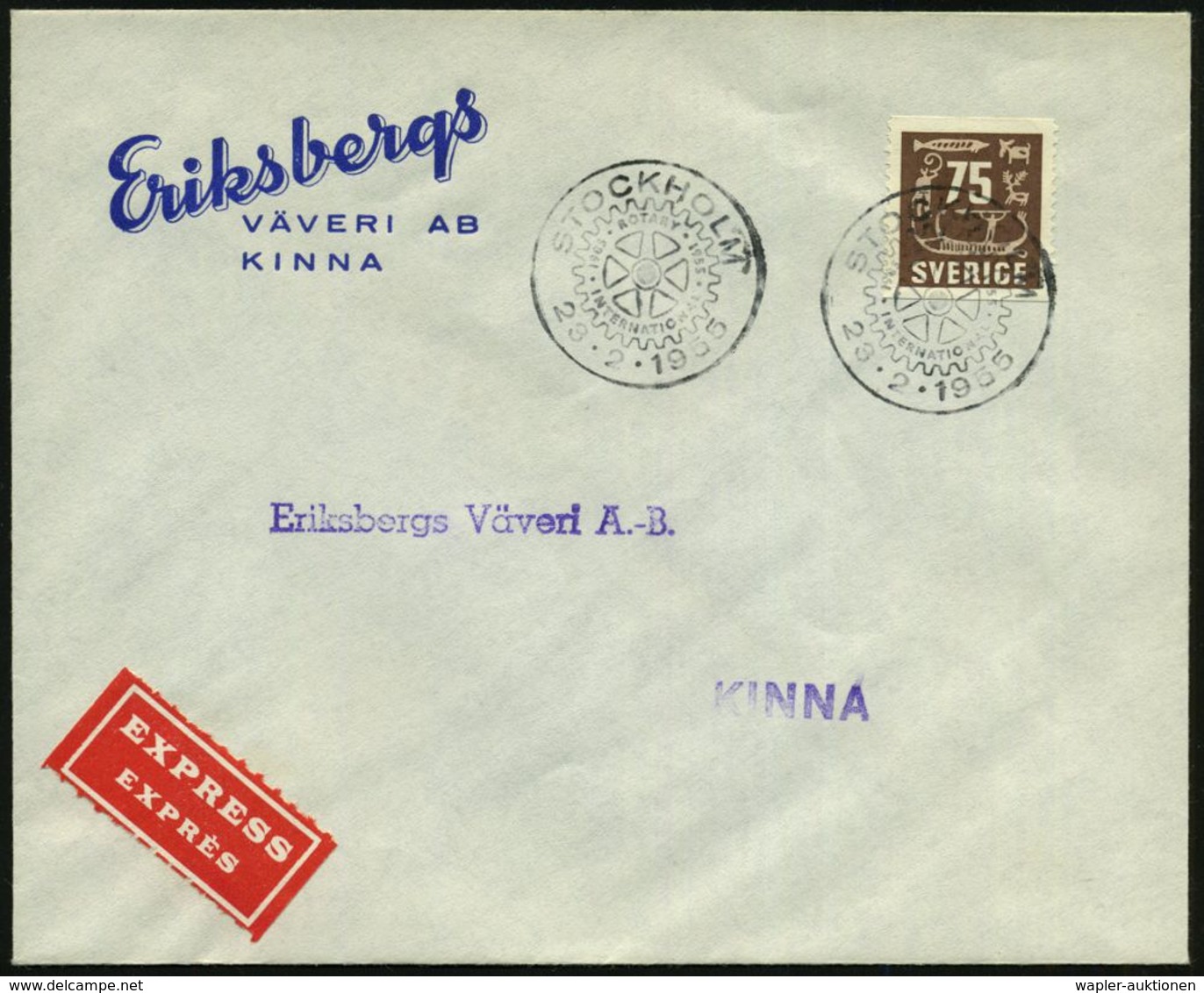 SCHWEDEN 1955 (23.2.) SSt: STOCKHOLM/ROTARY/ 1905/1965/ INTERNATIONAL (Logo) 2x Klar Auf Inl.- E I L - Firmen-Bf.  - - Rotary, Lions Club