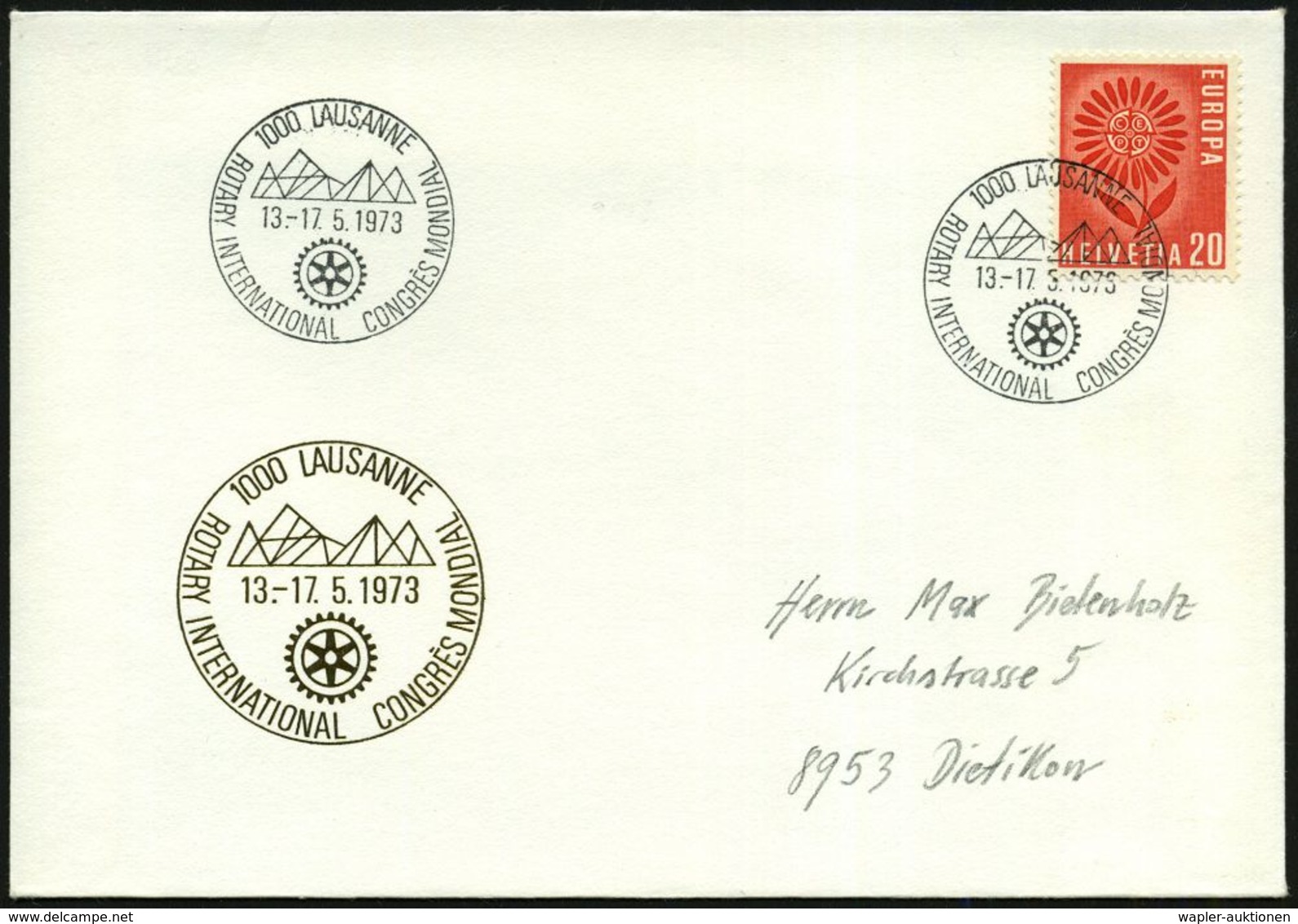 SCHWEIZ 1973 (Mai) SSt: 1000 LAUSANNE/ROTARY INTERNATIONAL CONGRESS MONDIAL 2x Klar Auf Motivgl. Inl.-SU (Pen.S 808) - - Rotary, Lions Club