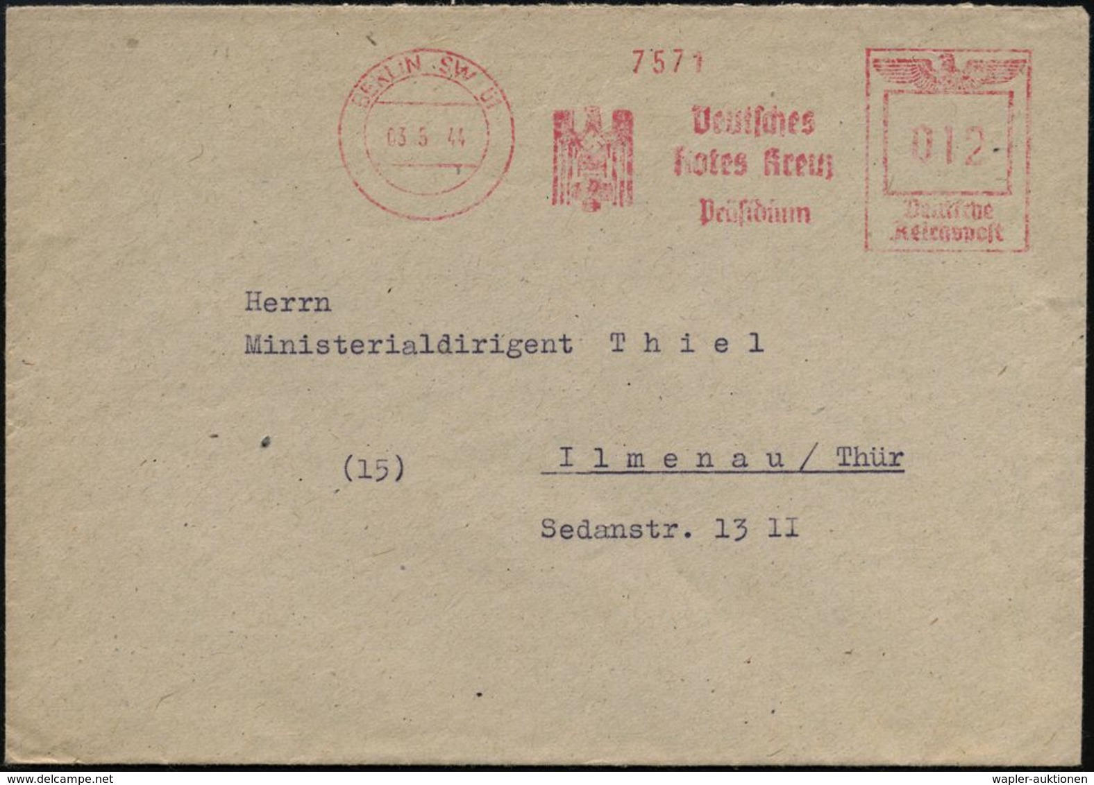 BERLIN SW 61/ Deutsches/ Rotes Kreuz/ Präsidium 1944 (3.5.) AFS = NS-Rotkreuz-Adler , Inl.-Bf. (Dü.E-5CGh) - - Croix-Rouge