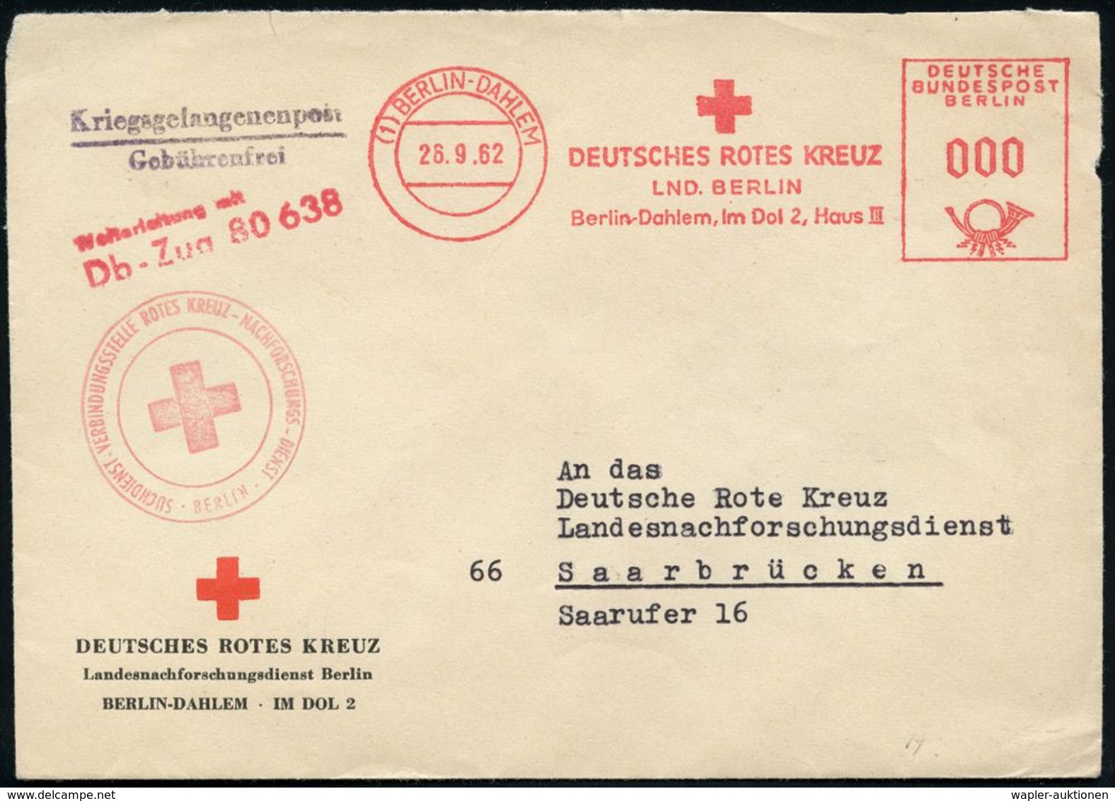 (1) BERLIN-DAHLEM/ DEUTSCHES ROTES KREUZ/ LND.BERLIN.. 1962 (28.9.) AFS In 000 + Viol. 2: Kriegsgefangenenpost/ Gebühren - Croix-Rouge