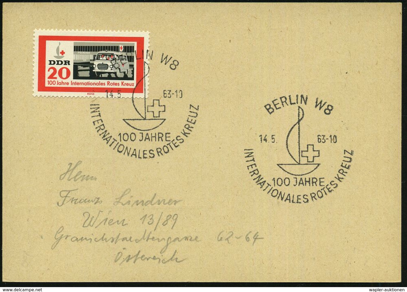 BERLIN W 8/ 100 JAHRE/ INT.ROTES KREUZ 1963 (14.5.) SSt Auf EF 20 Pf. "100 Jahre I.R.K." (Mi.957) Ausl.-ET-Kt. (Bo.1161) - Croix-Rouge