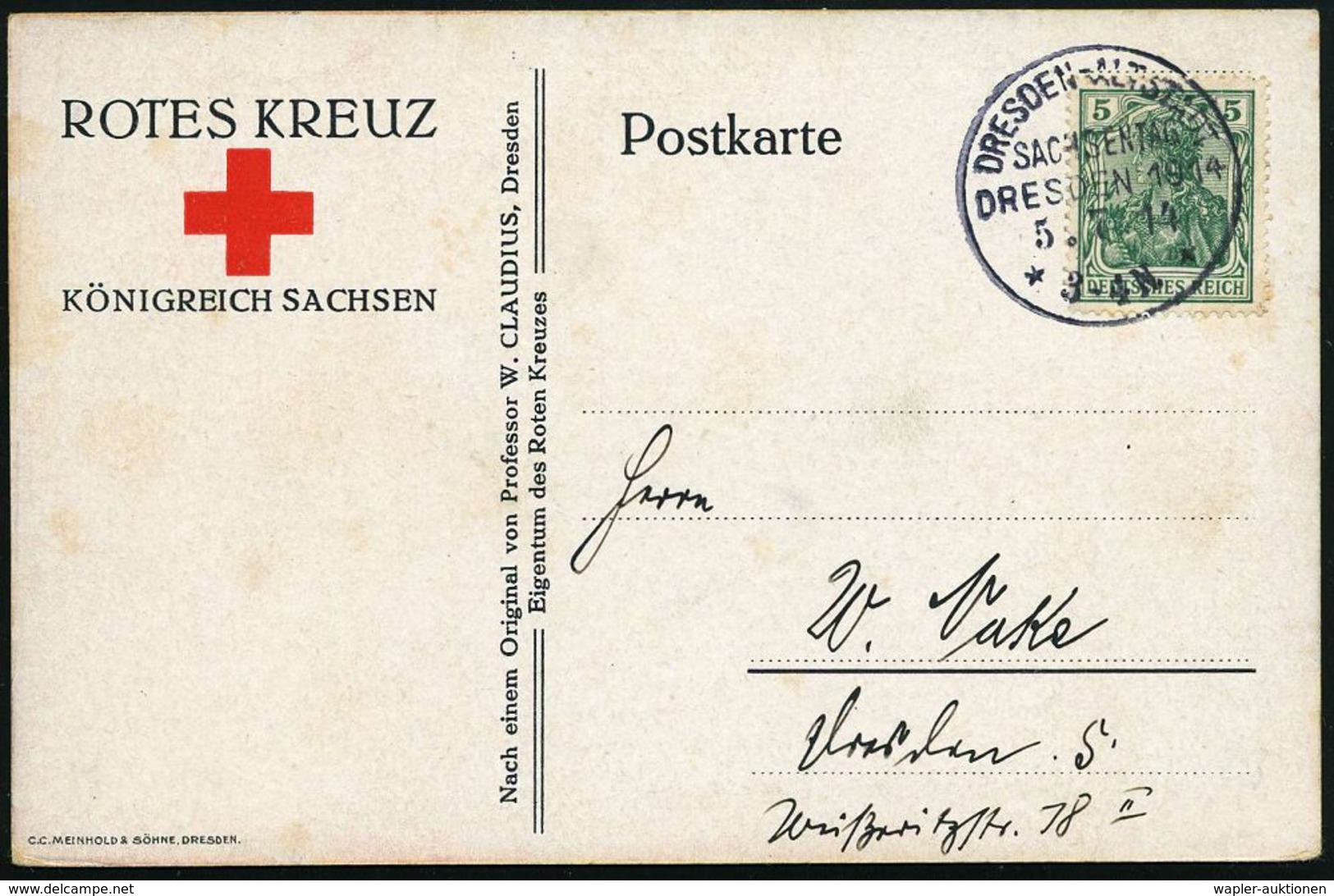 DRESDEN-ALTSTADT/ SACHSENTAG/ ** 1914 (5.7.) Seltener SSt Auf Color-Ak.: ROTES KREUZ/ KÖNIGREICH SACHSEN (rs. Gemälde Vo - Croix-Rouge