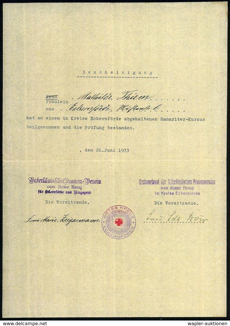 Eckernförde 1933 (26.6.) Bescheinigung über Samariter-Kursus , Div. Viol. HdN: Vaterländ. Frauen-Verein Vom Roten Kreuz  - Croix-Rouge