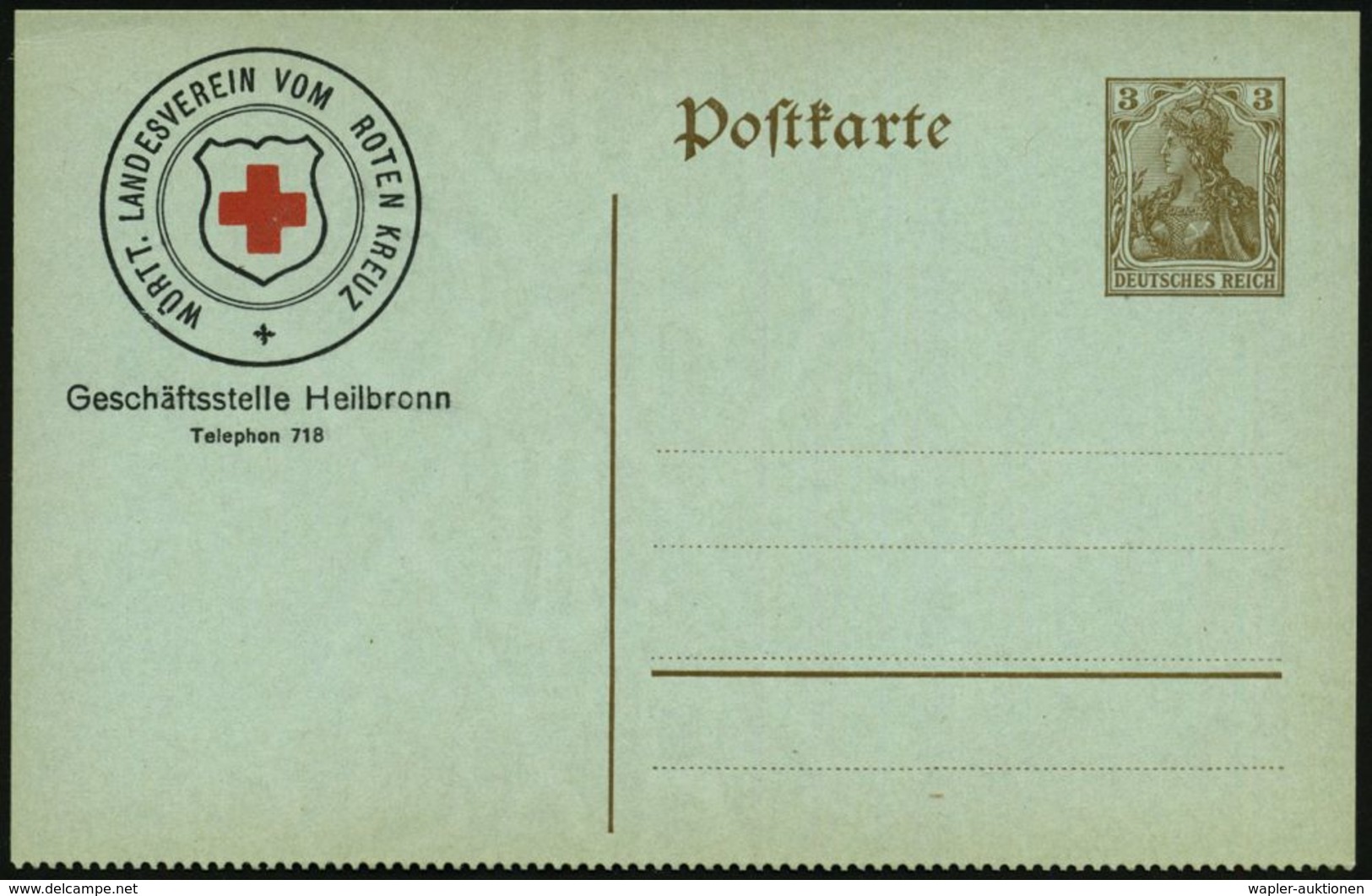 Heilbronn 1910 Amtl. P 3 Pf.Germania,  U N T E N   G E Z ä H N T  + Amtl. Zudruck: WÜRTT. LANDESVEREIN VOM ROTEN KREUZ ( - Croix-Rouge