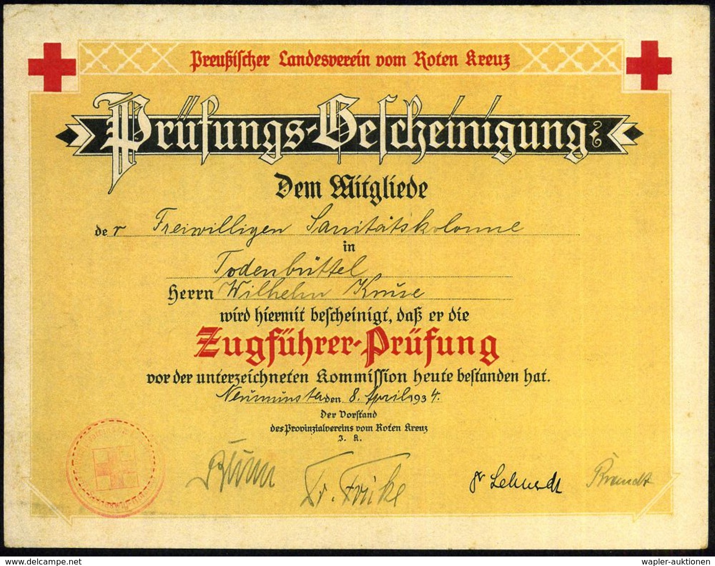 Neumünster 1934 (8.9.) Preuß. Landesverein Vom Roten Kreuz, Prüfungs-Bescheinigung Für Eine Zugführer-Prüfung (gefaltet) - Croix-Rouge