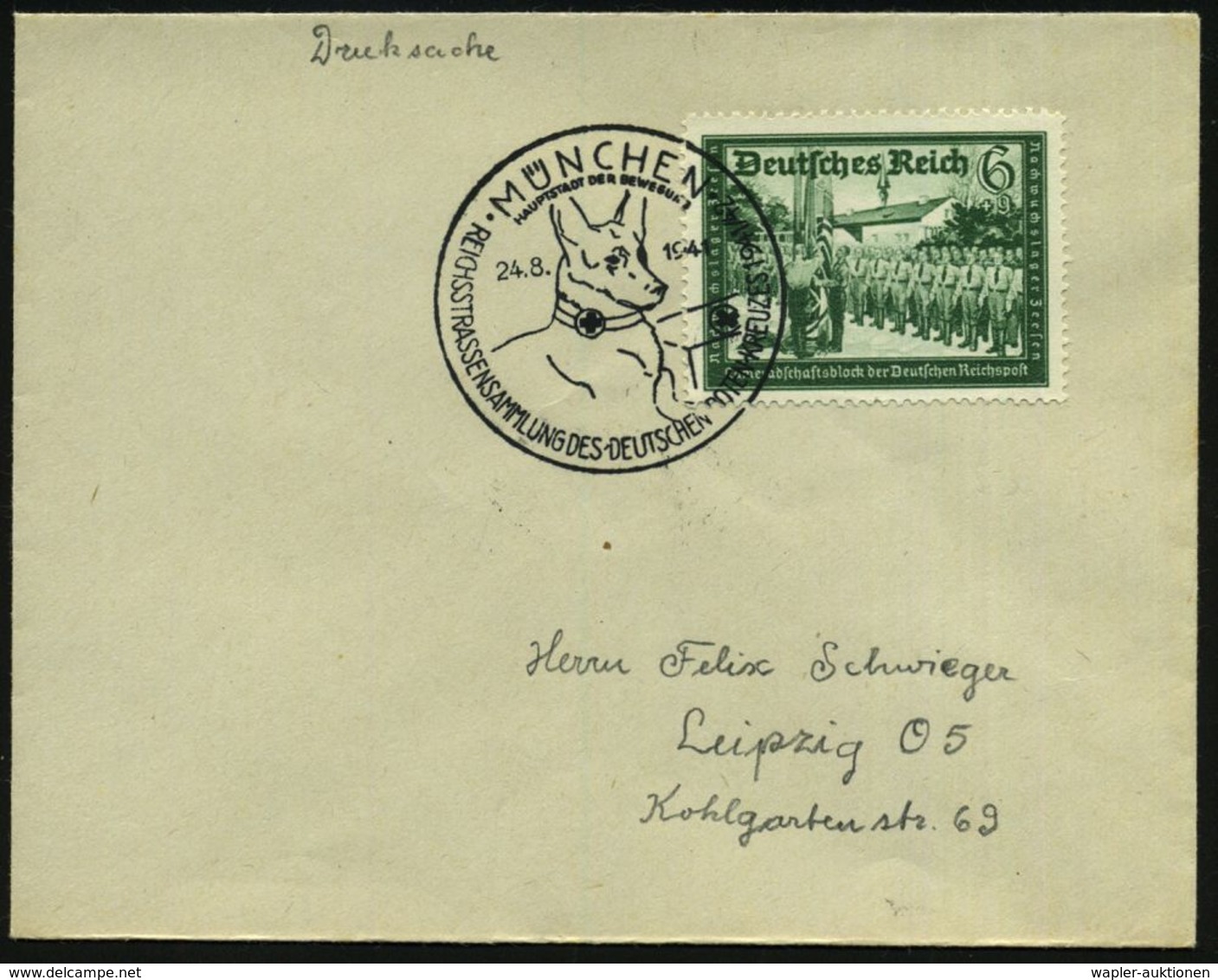 MÜNCHEN/ HDB/ REICHSSTRASSENSAMMLUNG DES DEUTSCHEN ROTEN KREUZES 1941-42 1941 (24.8.) SSt = Rotkreuz-Schäferhund (mit Ve - Croix-Rouge