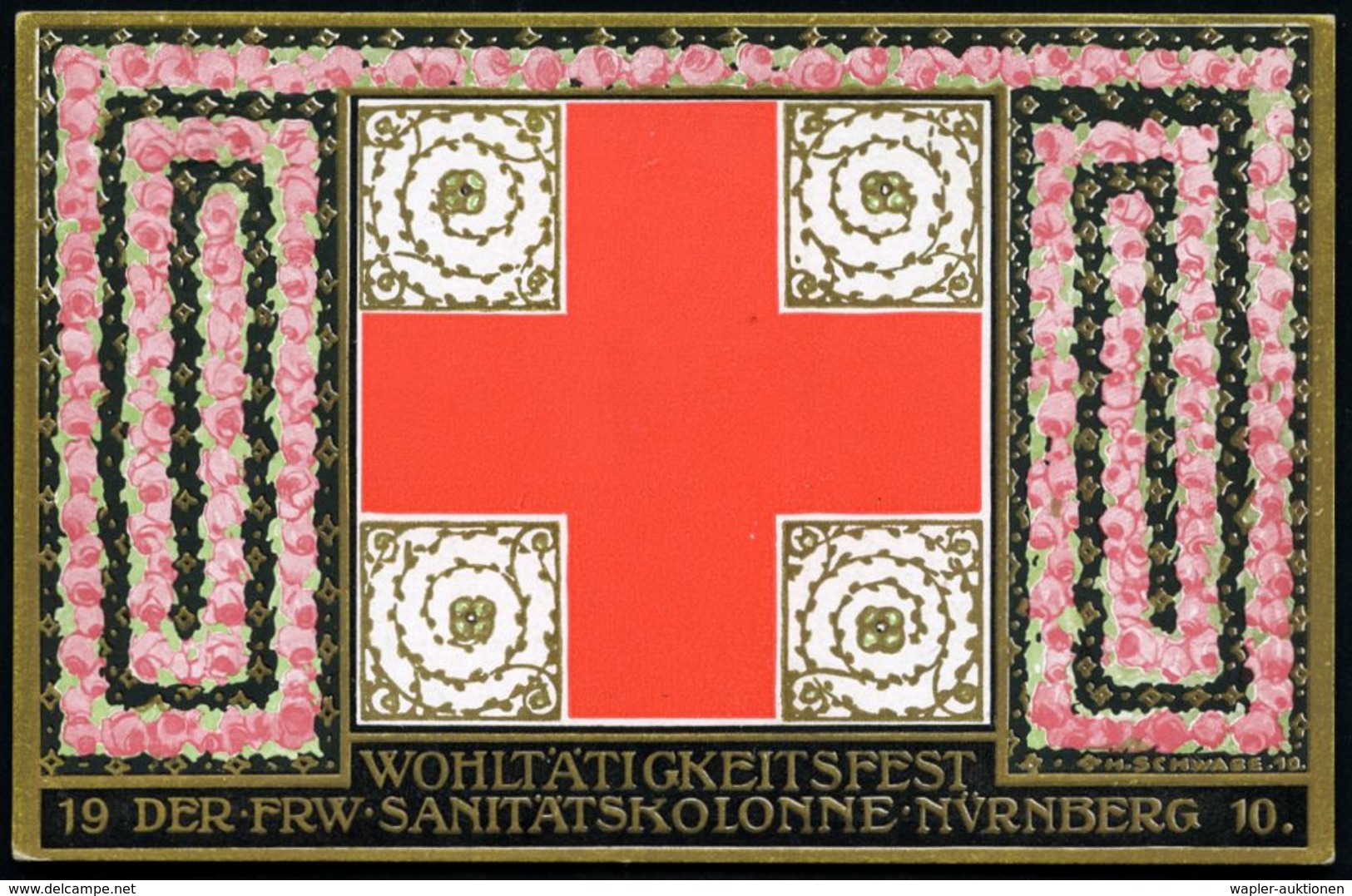 Nürnberg 1910 PP 5 Pf. Wappen, Grün: WOHLTÄTIGKEITSFEST DER FREIW. SANITÄTSKOLONNE NÜRNBERG (Rotes Kreuz U. Rosenranken) - Croix-Rouge