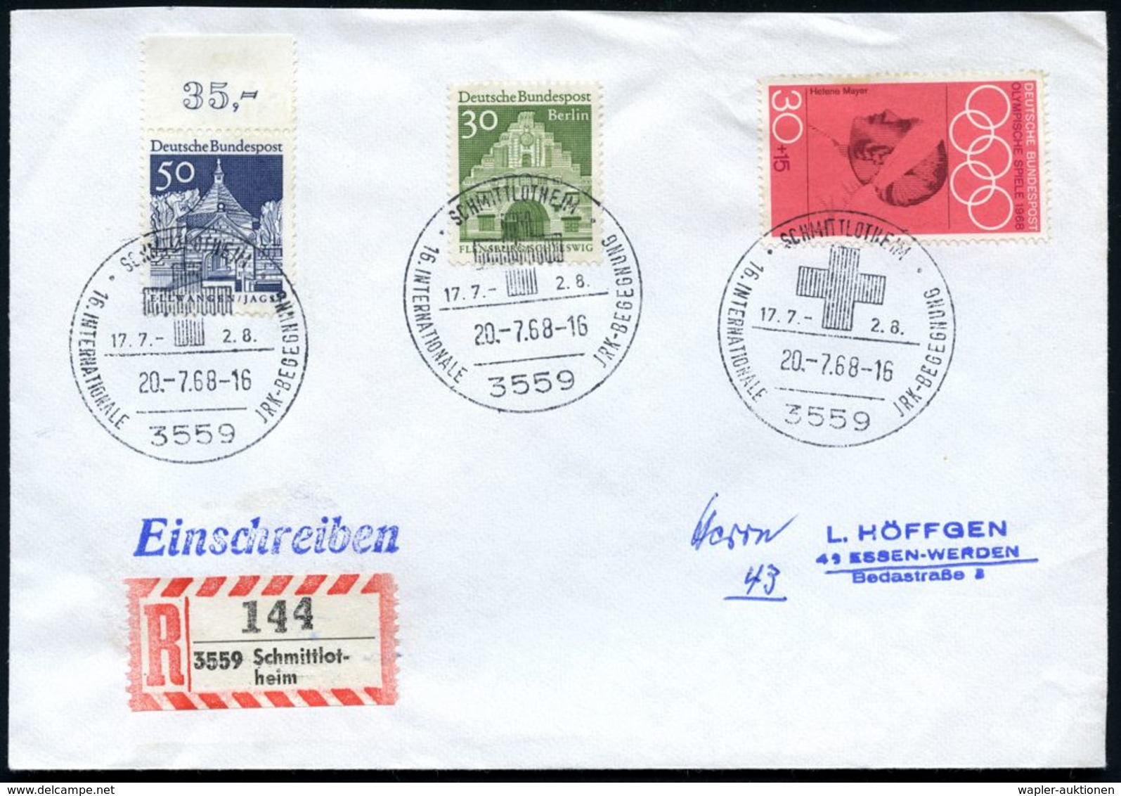 3559 SCHMITTLOTHEIM/ 16.INTERNAT.JRK-BEGEGNUNG 1968 (20.7.) SSt (Rotes Kreuz) 3x + RZ: 3559 Schmittlot-/heim , Klar Gest - Croix-Rouge