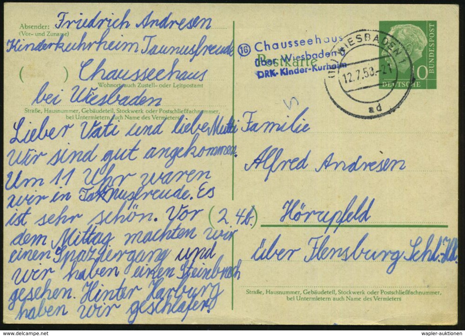 (16) WIESBADEN 1/ Ad 1958 (12.7.) 2K + Seltener Blauer 3L: (16) Chausseehaus/über Wiesbaden/ D R K - Kinder-Kurheim = Se - Croix-Rouge