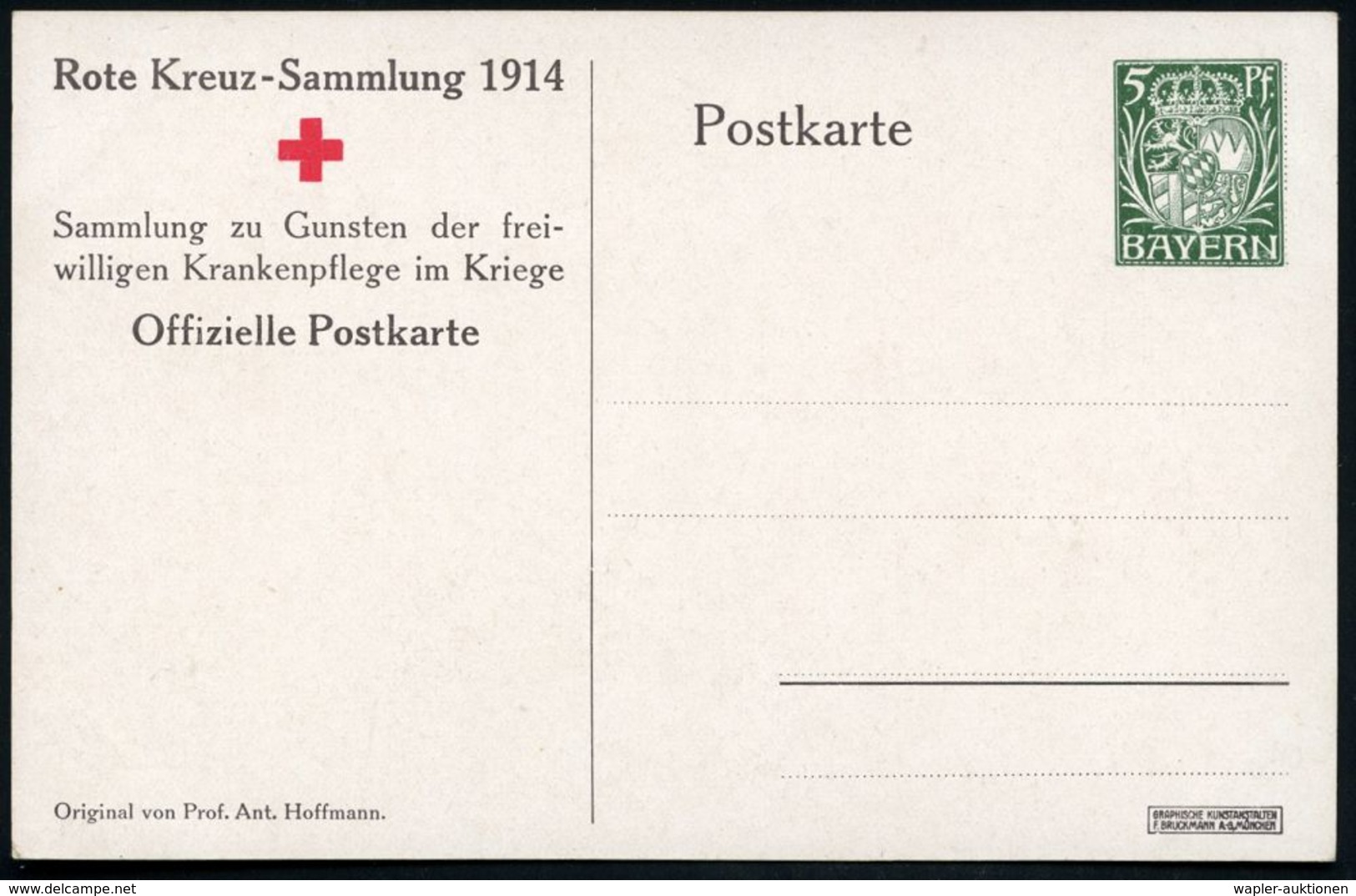 BAYERN 1914 PP 5 Pf. Hupp-Wappen, Grün: Rotkreuz-Sammlung 1914 = Pferde-RK-Wagen Vor RK-Zug Mit Personal (sign. ANTON HO - Croix-Rouge