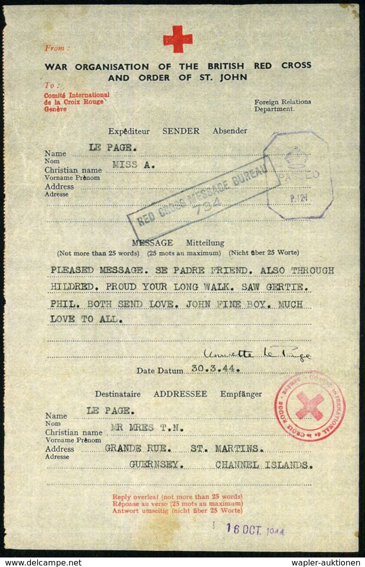 DT.BES.GUERNSEY 1944 (16.10.) Formular: WAR ORGANISATION OF THE BRITISH RED CROSS AND ORDER OF ST. JOHN (Rotes Kreuz) Ro - Croix-Rouge