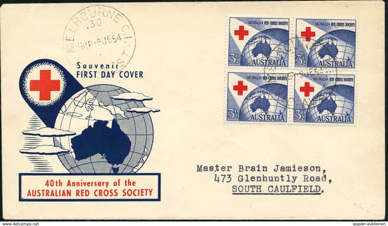 AUSTRALIEN 1954 (9.6.) 40 Jahre Australische Rotkreuz-Ges., Reine MeF: 4er-Block , Bedarfs-FDC-SU (Mi.246 MeF) - - Croix-Rouge