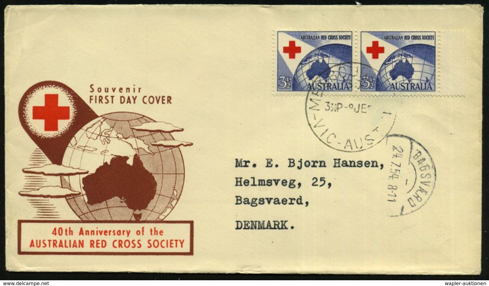 AUSTRALIEN 1954 (9.6.) 3 1/2 P. "40 Jahre Austral. Rotes Kreuz", Reine MeF: Paar , Bedarfs-Übersee-FDC-SU. (Mi.246 MeF)  - Croix-Rouge