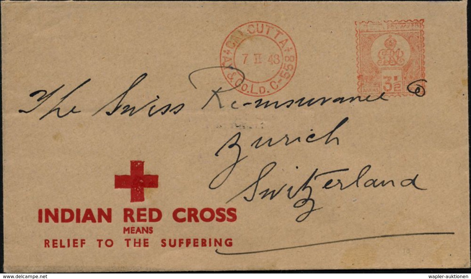 INDIEN 1948 (7.2.) AFS. 3 1/2 D.: CALCUTTA/AY & Co. Ld. C-558 , Übersee-Reklame-Bf.: INDIAN RED CROSS.. - - Rotes Kreuz