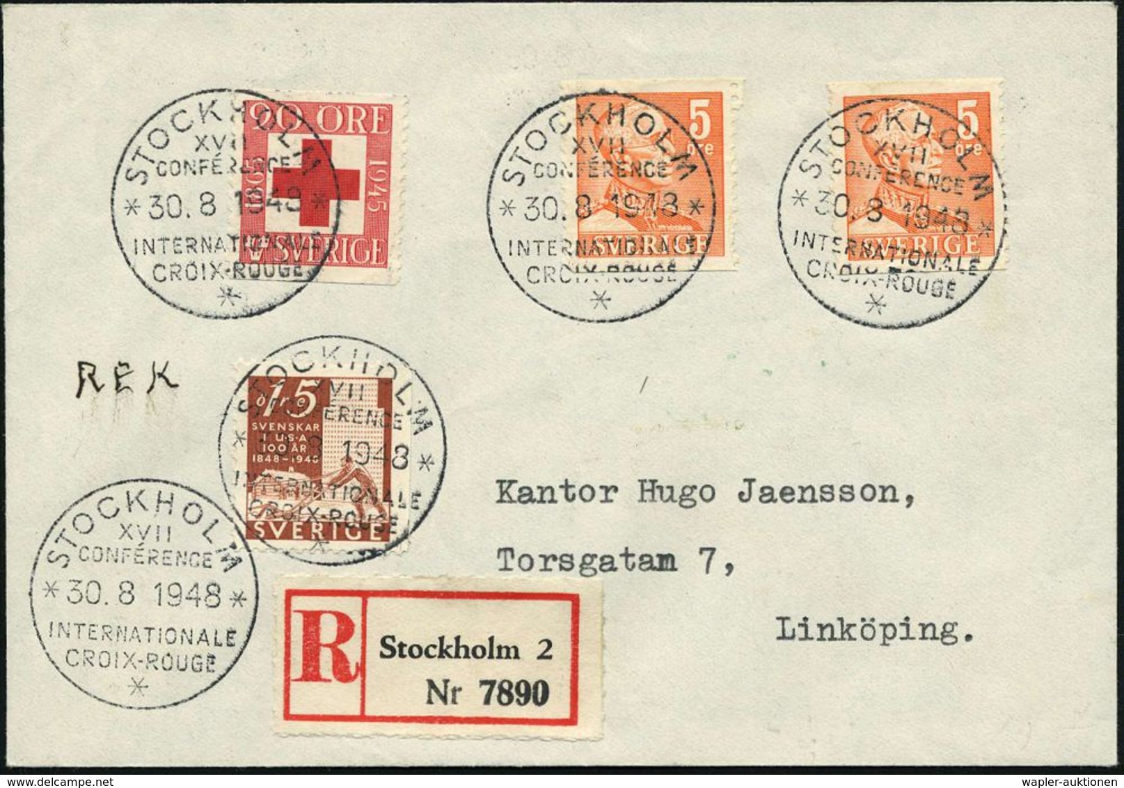 SCHWEDEN 1948 (30.8.) SSt: STOCKHOLM/XVII/ CONFERENCE/INTERNAT./ CROIX-ROUGE , 5x + RZ: Stockholm 2 , Klar Gest., Dekora - Croix-Rouge