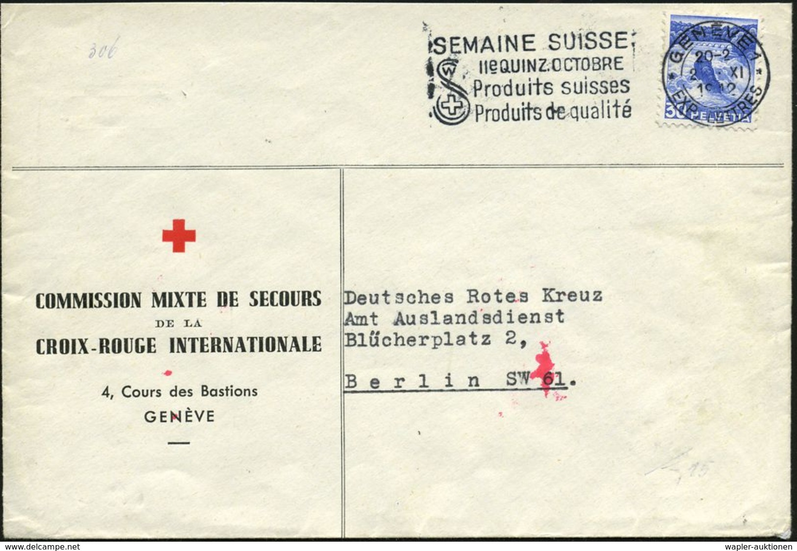 SCHWEIZ 1942 (2.11.) Dienst-Bf: COMMISSION MIXTE DE SECOURS/DE LA CRI , Rs.OKW-Zensur-Streifen U. Roter 1K: "e" (= Ffm)  - Croix-Rouge