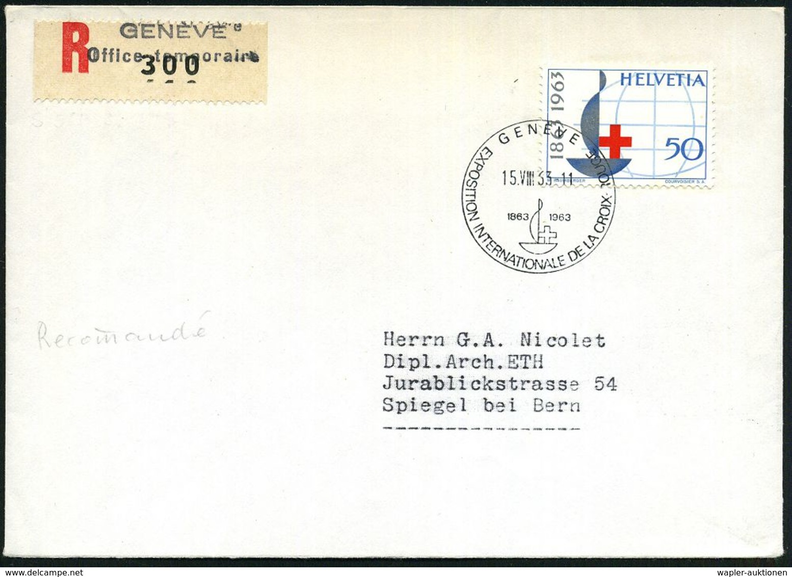 SCHWEIZ 1963 (7.9.) 50 C. "100 J. R.K.", EF + SSt: GENEVE/EXPOS. INT.DE LA CROIX-ROUGE (Pen.S 561) = Ausstellung "100 J. - Croix-Rouge