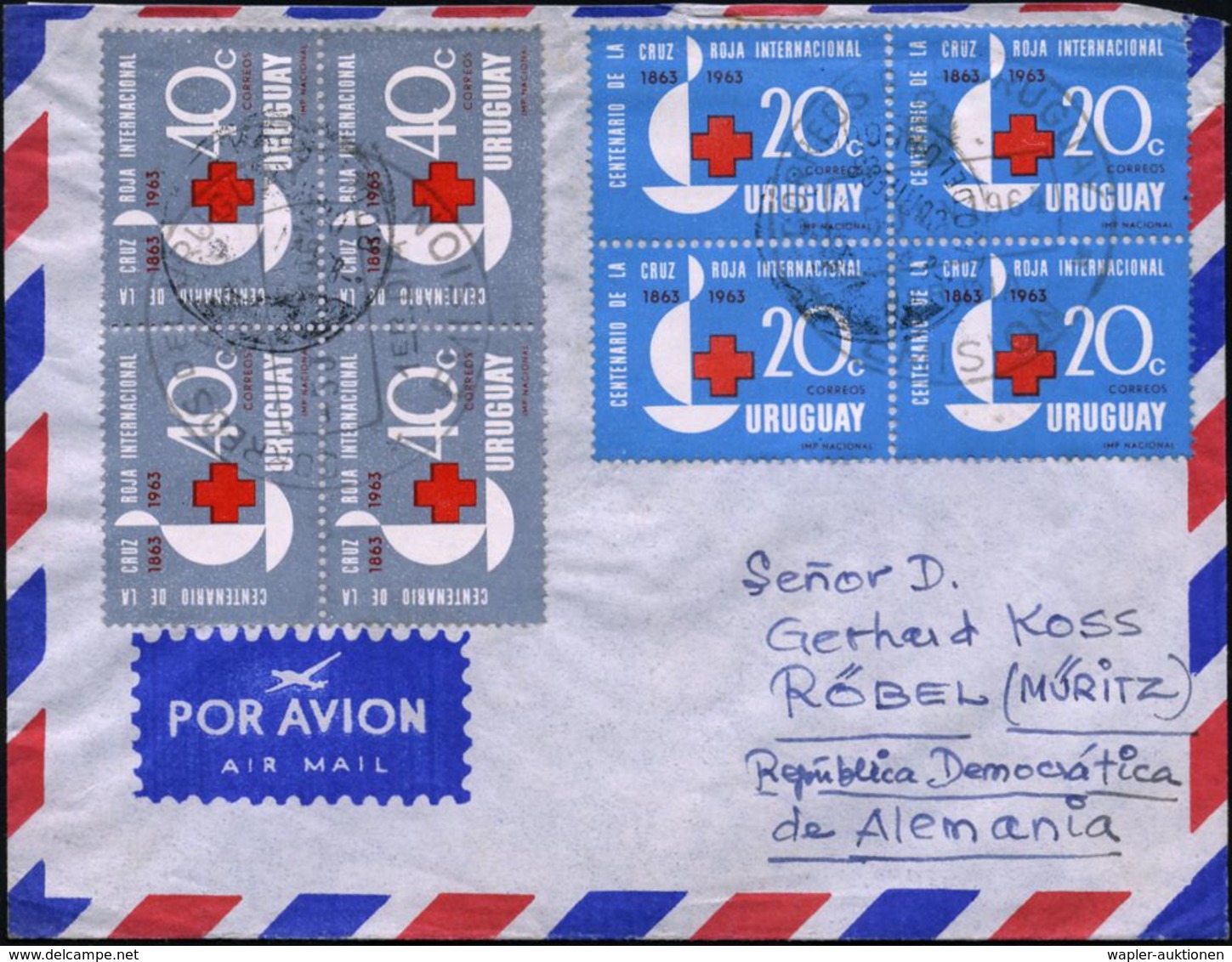 URUGUAY 1964 (5.6.) "100 Jahre IRK", Kpl.Satz In 4er-Blocks + Schwacher Ersttags-SSt (nachentwertet), Übersee-Flp.-FDC   - Croix-Rouge