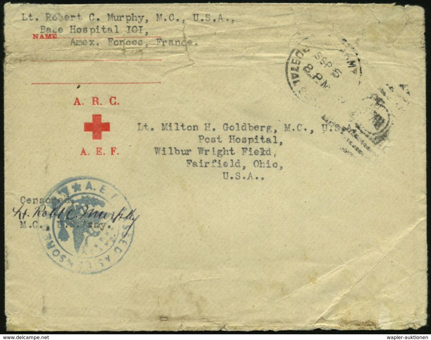 U.S.A. 1944 (5.9.) Rotkreuz-Vordr.-Bf: A.R.C. / A.E.F. (Randmängel) + US-Feldpost-1K = Base Hospital 101, Amex Forces, F - Croix-Rouge