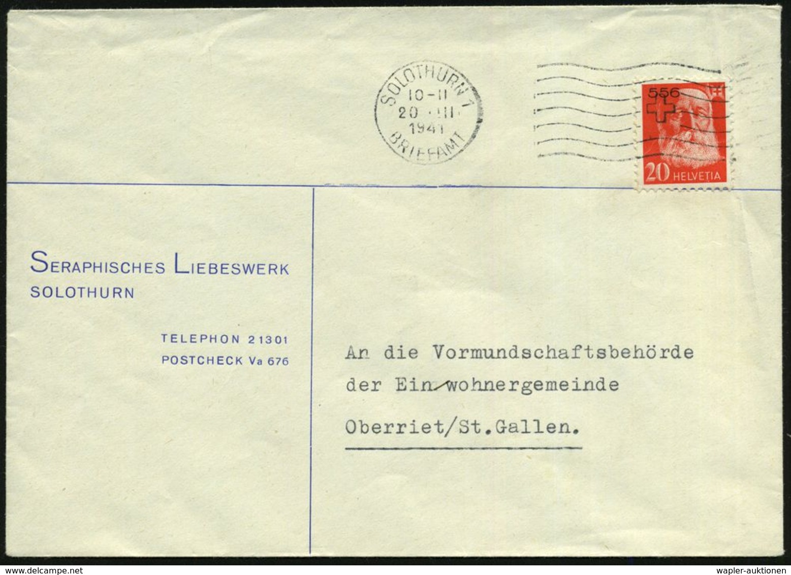 SCHWEIZ 1941 (20.3.) 20 C. Portofreiheit Henri Dunant, EF (Aufdr. "556" = Seraphisches Liebeswerk) Vordr-Bf.: SERAPHISCH - Henry Dunant