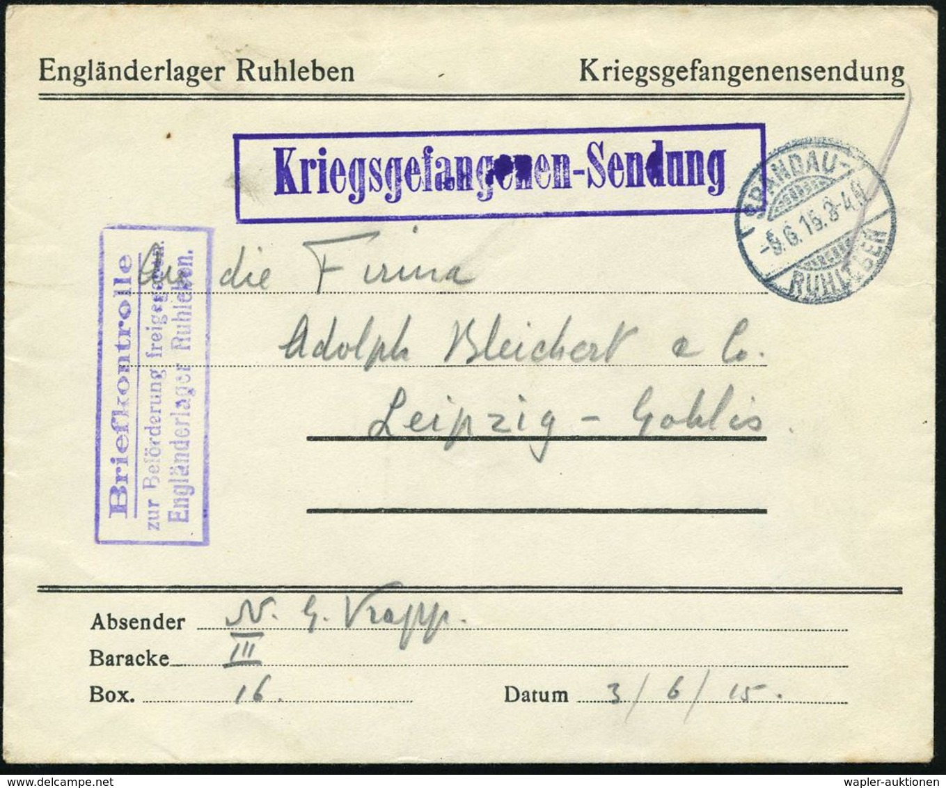 Berlin-Ruhleben 1915 (9.6.) 1K-Gitter: SPANDAU-/RUHLEBEN Auf Vordr-Bf: Engländerlager Ruhleben + Viol. Zensur-Ra.3.: Bri - Croix-Rouge