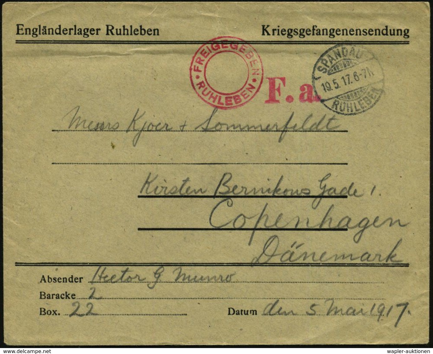 SPANDAU-/ RUHLEBEN 1917 (19.5.) 1K-Gitter + Roter 2K-HdN: FREIGEGEBEN/ RUHLEBEN * !L: F. A. (= Fristgemäß Abgefertigt) V - Croix-Rouge