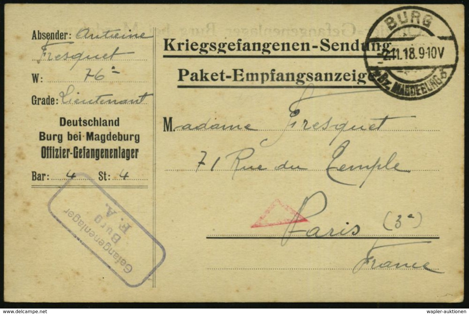 BURG/ *Bz.MAGDEBURG/ B 1918 (2.11./8.11.) 1K-Brücke + Bl.Ra.3: Gefangenenlager/Burg/F.A. + Stummes Dreieck (Wo.18) 2 Kgf - Croix-Rouge