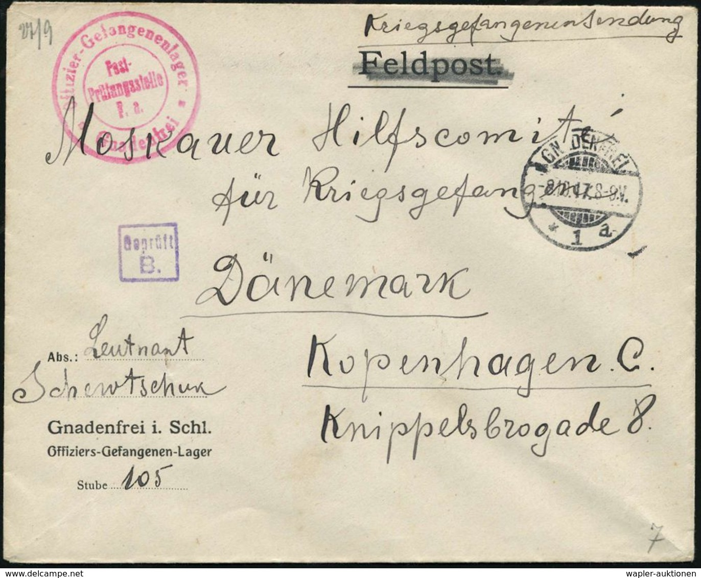 GNADENFREI/ *1a 1917 (8.10.) 1K-Gitter + Zensur-2K: Offizier-Gefangenenlager/Post-/Postprüfungsstelle/F.a./ Gnadenfrei + - Croix-Rouge