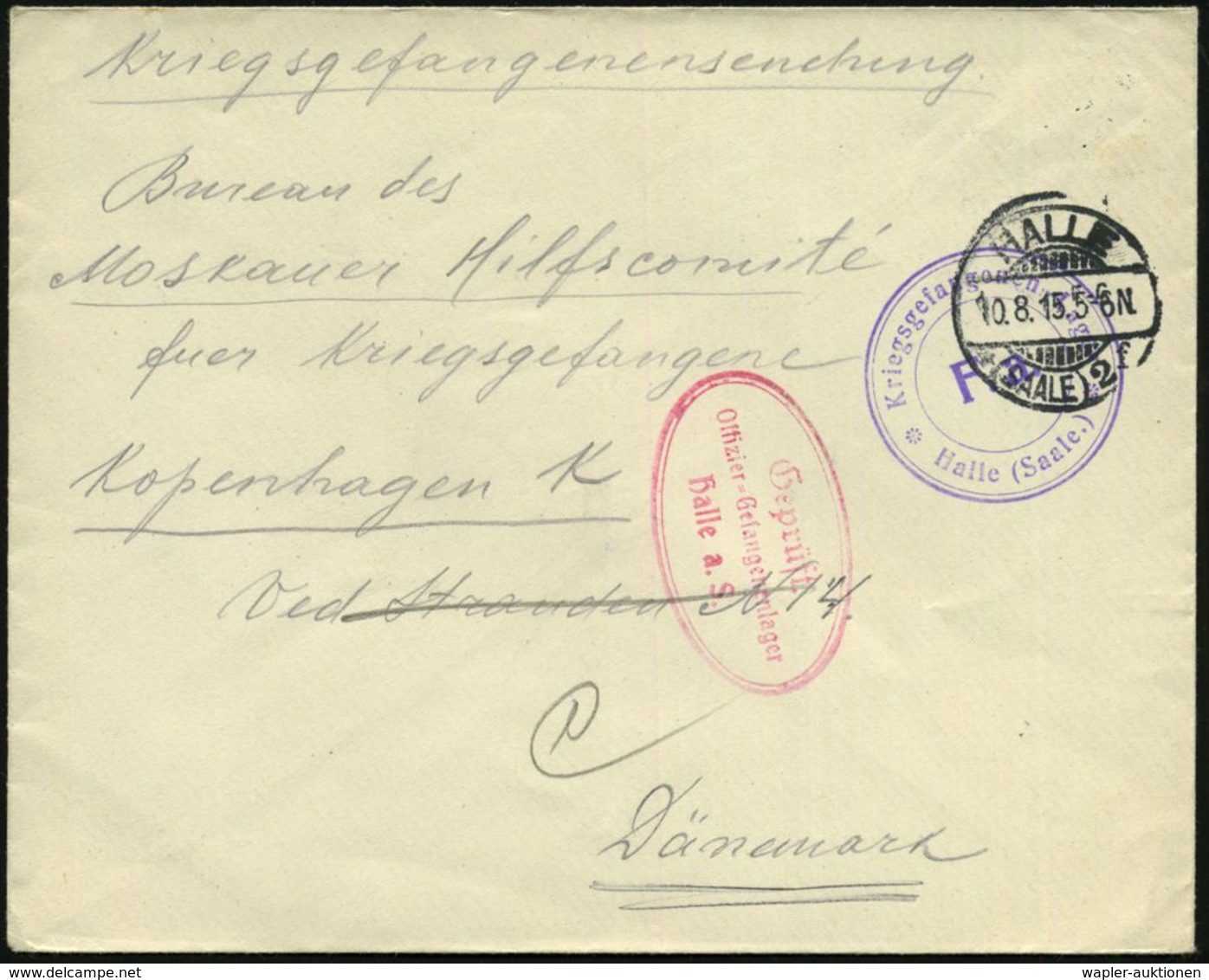 HALLE/ *(SAALE)2f 1915 (10.8.) 1K-Gitter + 2 Viol. Zensur-HdN: Geprüft/Offz.-Gefangenenlager/Halle A.S. (Doppel-Oval) U. - Cruz Roja