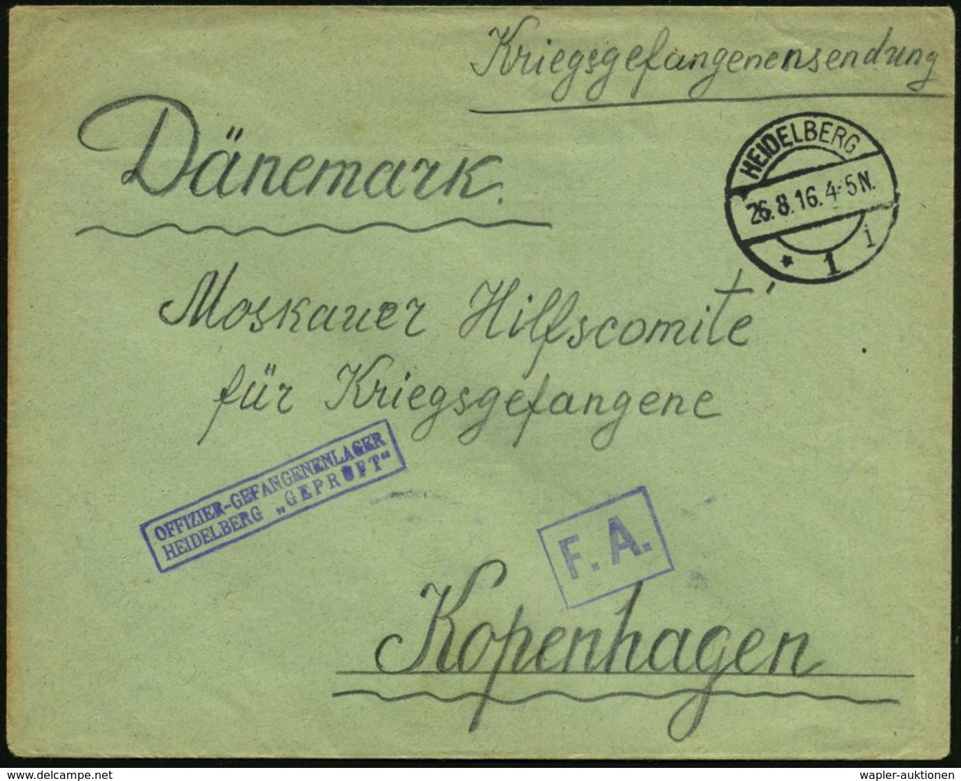 HEIDELBERG/ *1i 1916 (26.8.) 1K + Viol. Ra.2: OFFIZIER-GEFANGENENLAGER/HEIDELBERG "GEPRÜFT" + Ra.:"F.A." , Kgf-Bf. An Mo - Croix-Rouge