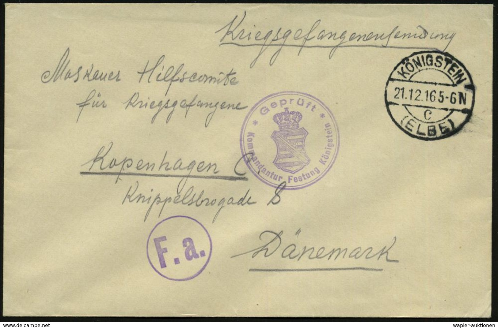 KÖNIGSTEIN/ C/ (ELBE) 1916 (Dez.) 1K-Brücke + Viol. Zensur-2K: Geprüft/ Kommandantur Festung Königstein (sächs. Wappen)  - Croce Rossa