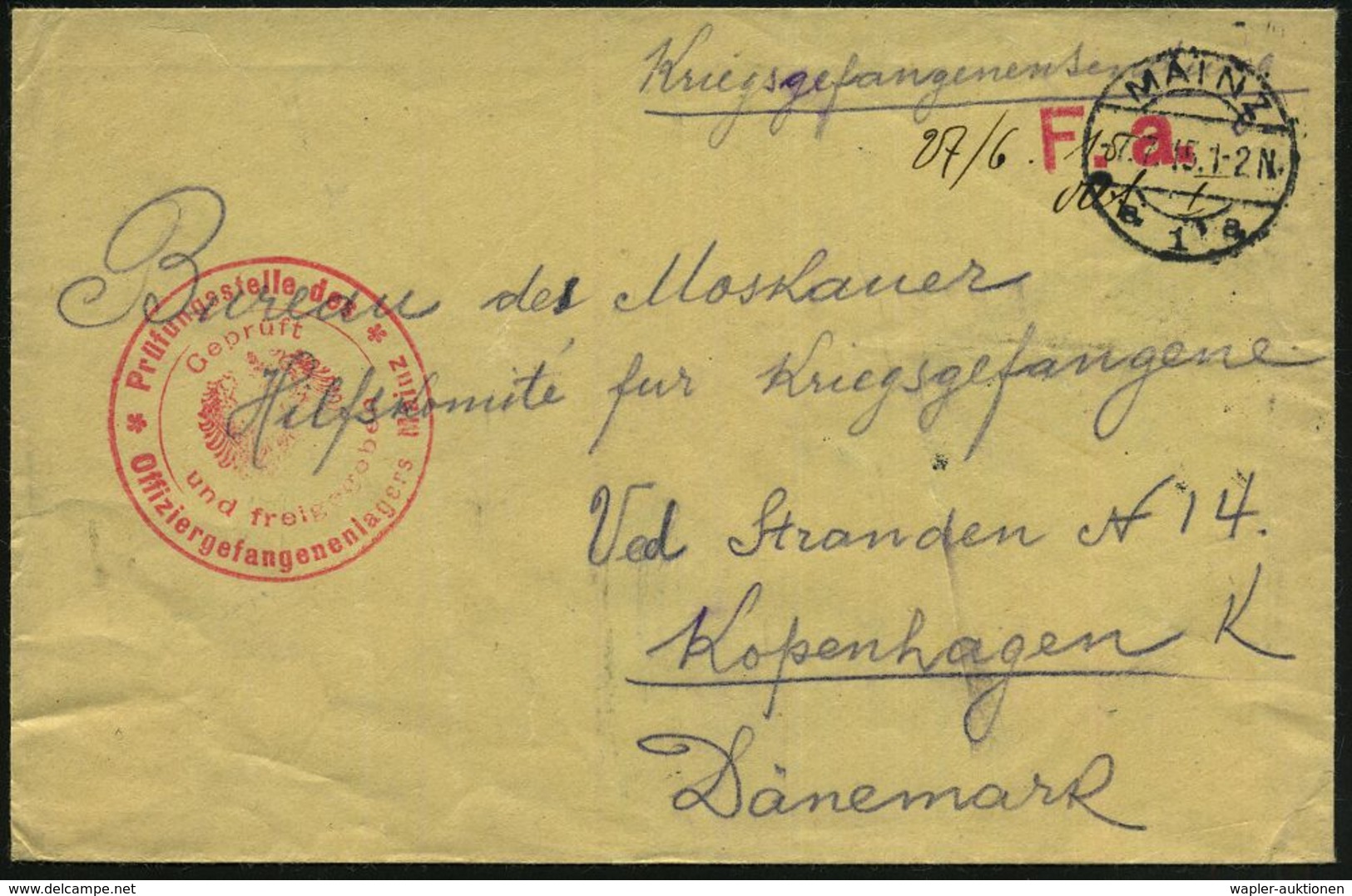 MAINZ/ A1a 1915 (7.7.) 1K-Brücke + Seltener, Roter 2K-HdN: Prüfungsstelle Des/Offiziersgefangenenlagers Mainz/ Geprüft.. - Cruz Roja