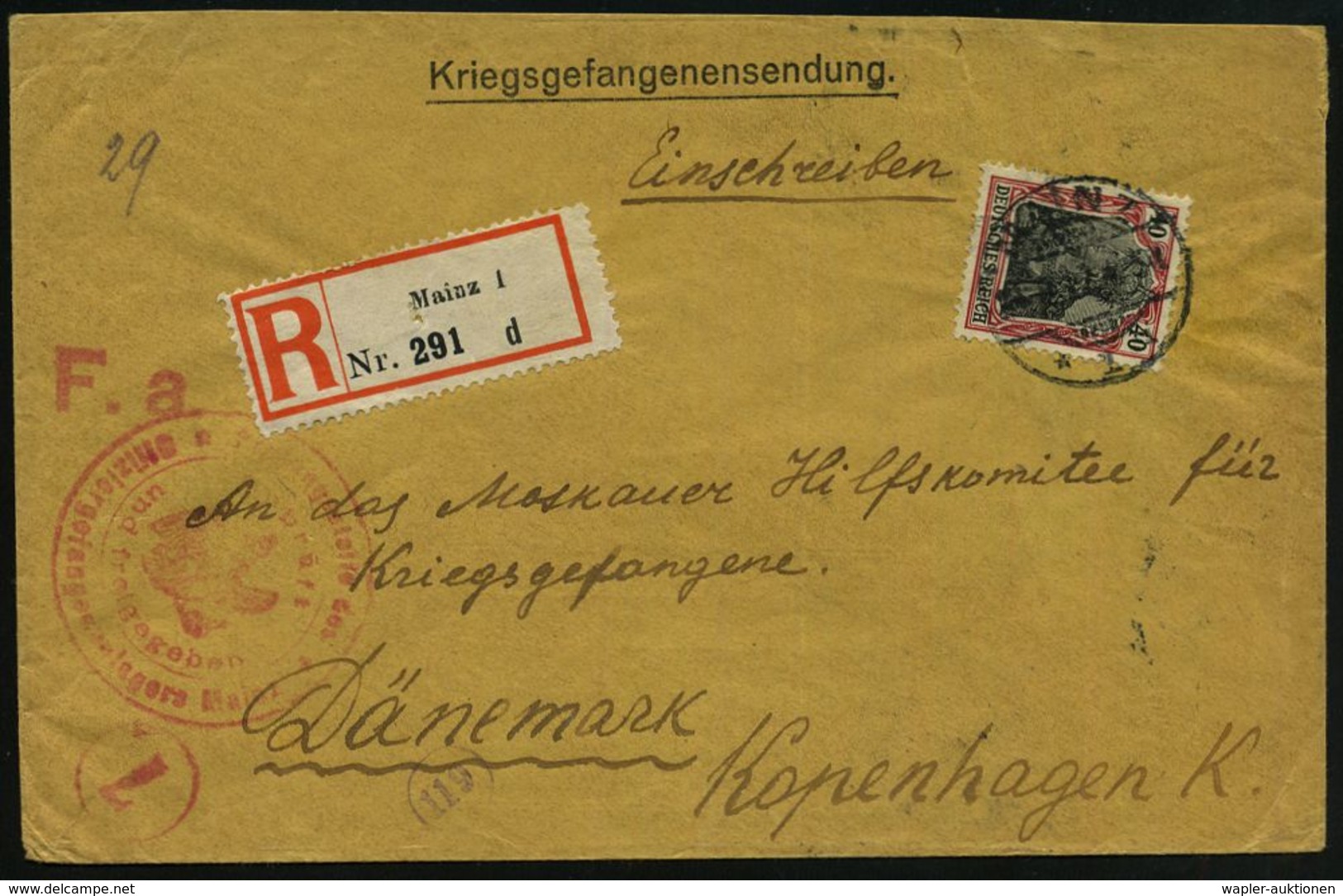 MAINZ/ *1i 1917 (Sept.) 1K-Gitter Auf EF 40 Pf. Germania + Gez. RZ: Mainz 1/d + Roter Zensur-2K-HdN: Prüfungsstelle Des/ - Croce Rossa
