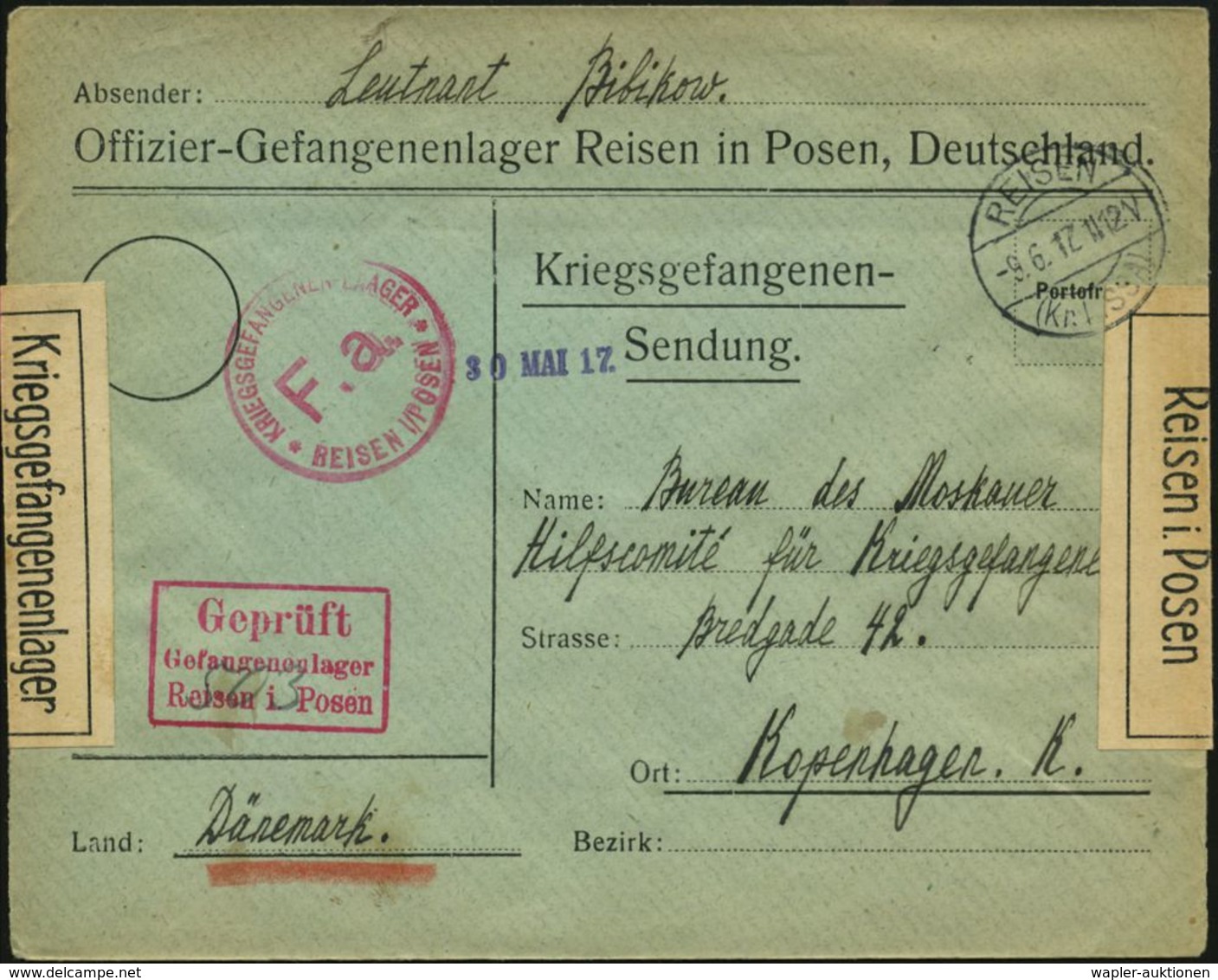 REISEN/ (Kr.LISSA) 1917 (9.6.) 1K-Brücke Auf Vordr.-Bf.: Offizier-Gefagenenlager Reisen In Posen.. + 2x Schw. Verschluß- - Croix-Rouge