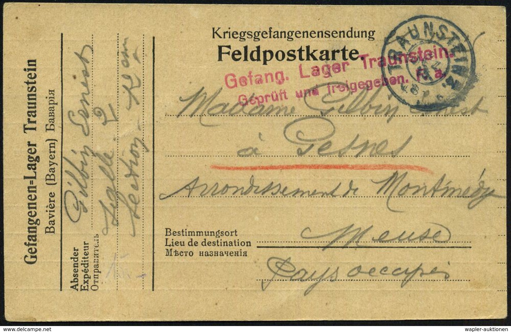 TRAUNSTEIN 2. 1915 (6.12.) Bayer. 2K + Rotviol. Seltener Zensur-2L: Gefang. Lager Traunstein/ Geprüft U. Freigegeben. F. - Croix-Rouge