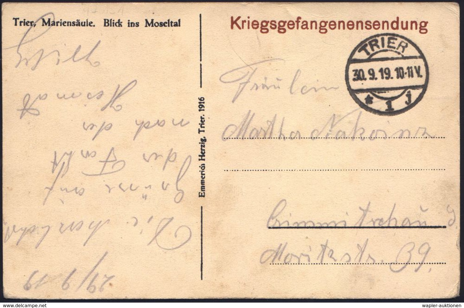 TRIER/ *1j 1919 (30.9.) 1K-Brücke Auf Vordr.-Ak: Kriegsgefangenensendung (Mariensäule) Seltene, Portofreie Heimkehrerpos - Croix-Rouge