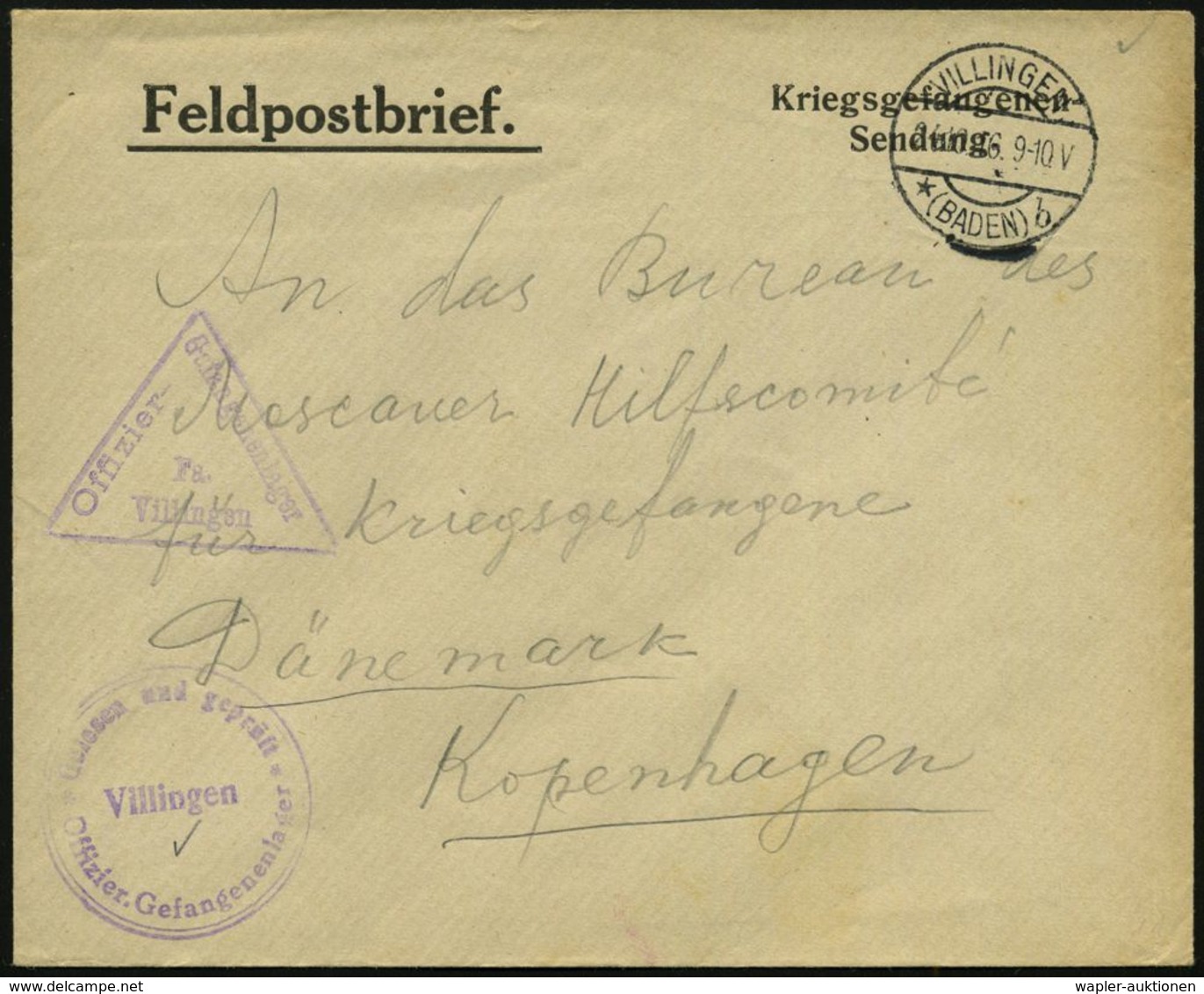 VILLINGEN/ *(BADEN)b 1916 (24.10.) 1K + Viol. Dreieck: Offizier-/Gef.Lager/Fa/Villingen + Zensur-2K: Gelesen U. Geprüft. - Croix-Rouge