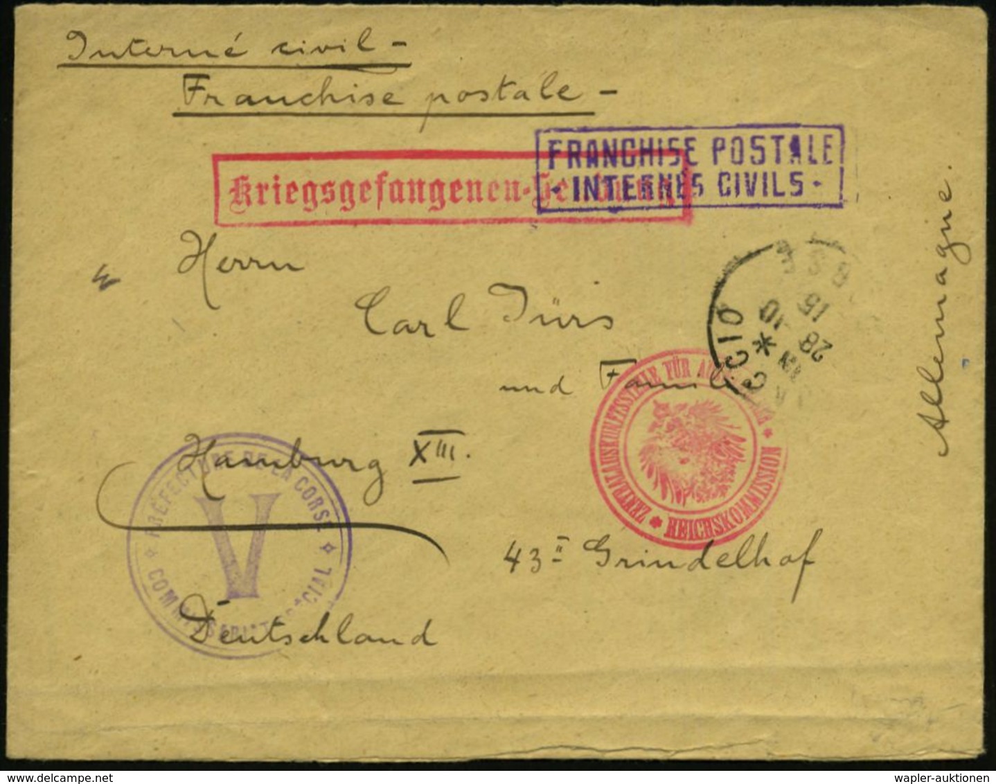 FRANKREICH 1915 (28.10.) 1K: AJACCIO + Viol. Ra.2: FRANCHISE POSTALE/INTERNEES CIVILS + Viol. 2K-HdN.: PREFECTURE DE LA  - Croix-Rouge