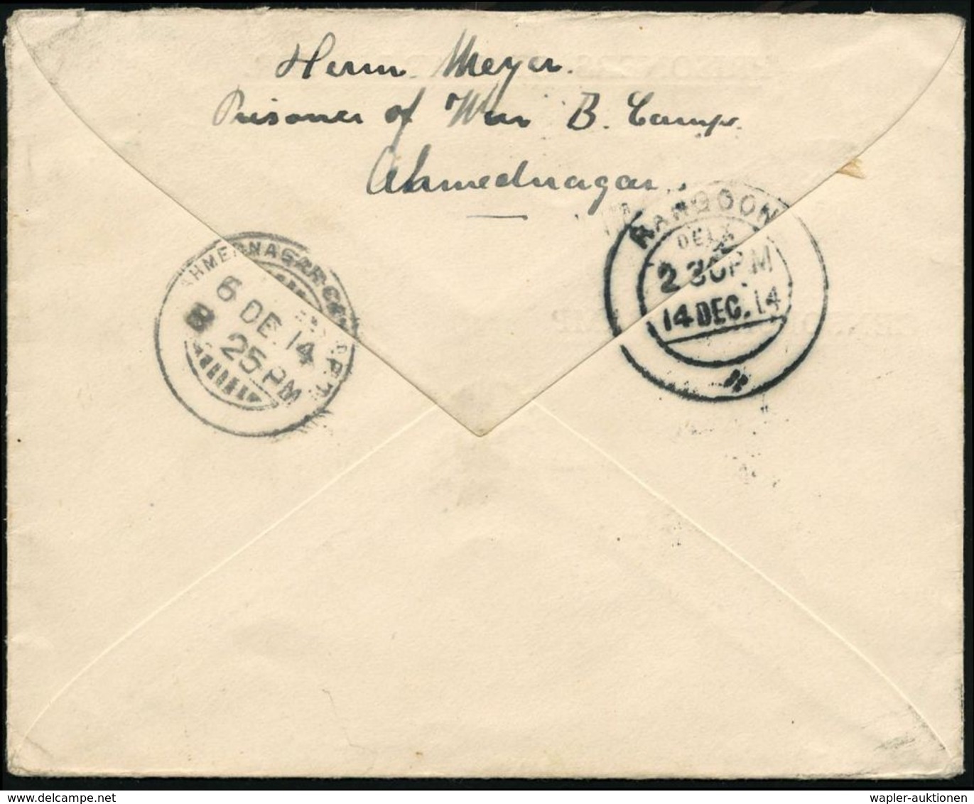 INDIEN 1914 (5.12.) Vordr.-Bf.: PRISONERS OF WAR-LETTER/ CENSORSHIP STAMP/..Prisoner Of War/Ahmednagar + Grüner Datums-H - Croix-Rouge