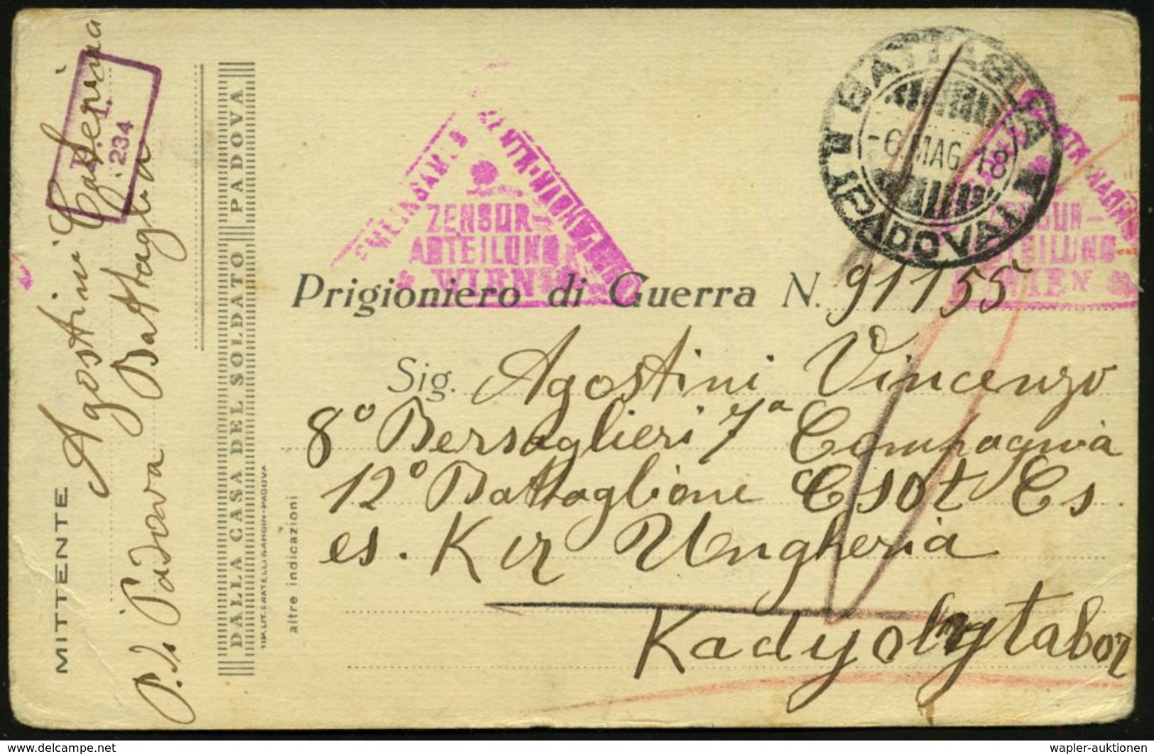 ITALIEN /  ÖSTERREICH 1918 (6.5.) 2K-Gitter: BATTASUA/(PADOVA) + Viol. Dreieck-Bd-St: ZENSUR-/ABT./WIEN + Viol. Ra.2: P. - Croce Rossa