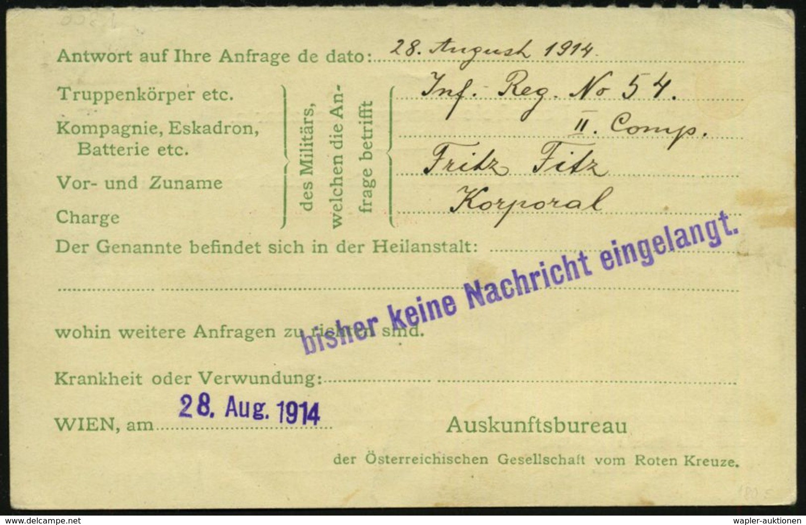 ÖSTERREICH 1914 (29.8.) 2K-Steg: WIEN ROTES KREUZ (AUSKUNFTSBUREAU)/*, Rs. Viol. 1L: Bisher Keine Nachricht Eingelangt.  - Cruz Roja