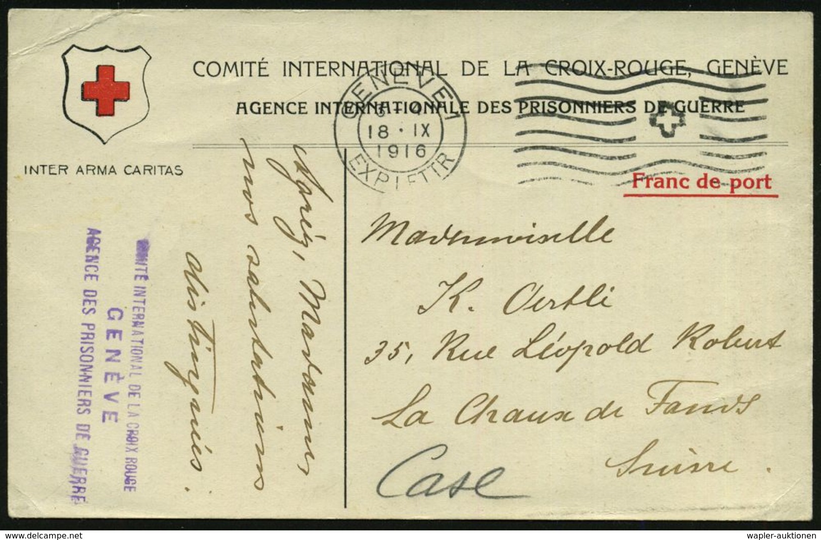 SCHWEIZ 1916 (18.9.) MaWellenSt.: GENEVE 1 , Zweifarbige Vordr.-Kt.: COMITE INTERNAT. DE LA CROIX-ROUGE.. AGENCE INT. DE - Croix-Rouge