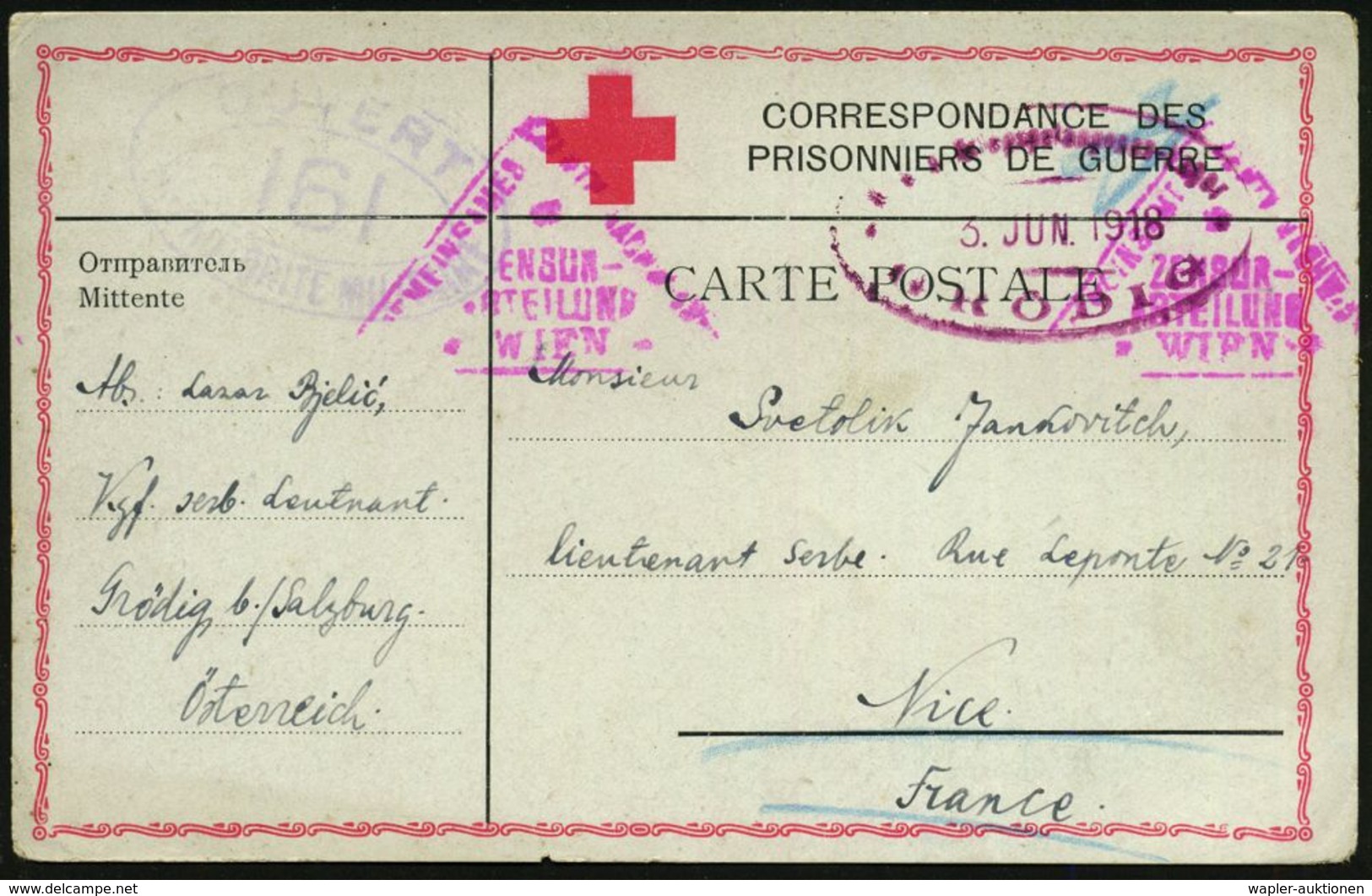 SERBIEN /  ÖSTERREICH 1918 (3.6.) Oval-Zensur Kgf.-Lager GRÖDIG (Wolter Unbekannt!) + Lila Dreieck-Zensur: ZENSUR-/ABTEI - Croix-Rouge