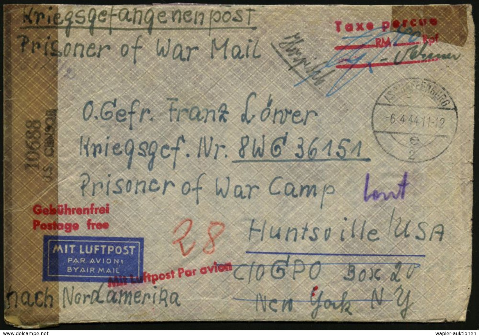 ASCHAFFENBURG/ E/ 2 1944 (6.4.) 1K-Steg + Roter 2L: Gebührenfrei/Postage Free + Roter 3L: Taxe Percue/__ RM__ Pf. + Hs.  - Croix-Rouge