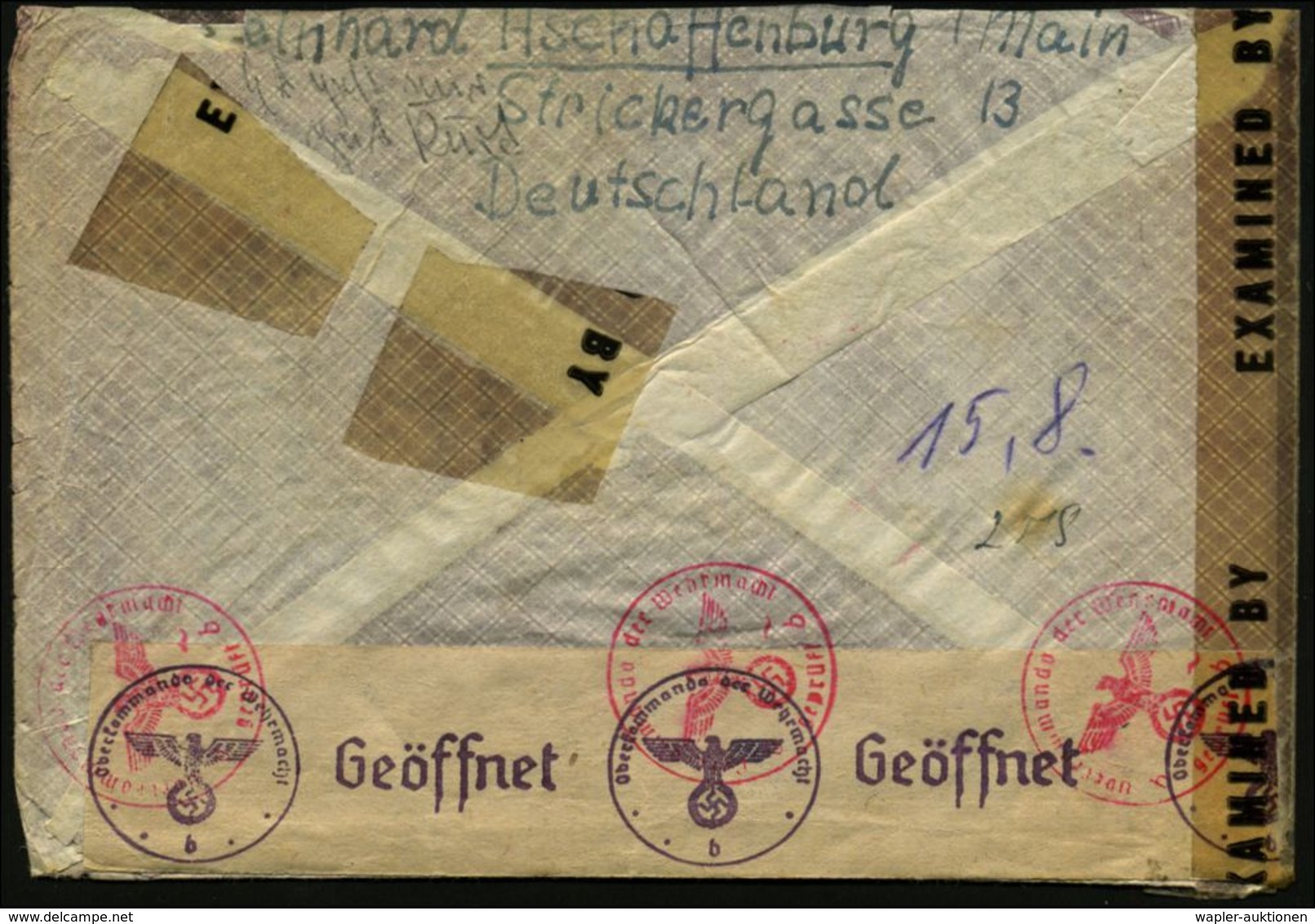 ASCHAFFENBURG/ E/ 2 1944 (6.4.) 1K-Steg + Roter 2L: Gebührenfrei/Postage Free + Roter 3L: Taxe Percue/__ RM__ Pf. + Hs.  - Rotes Kreuz