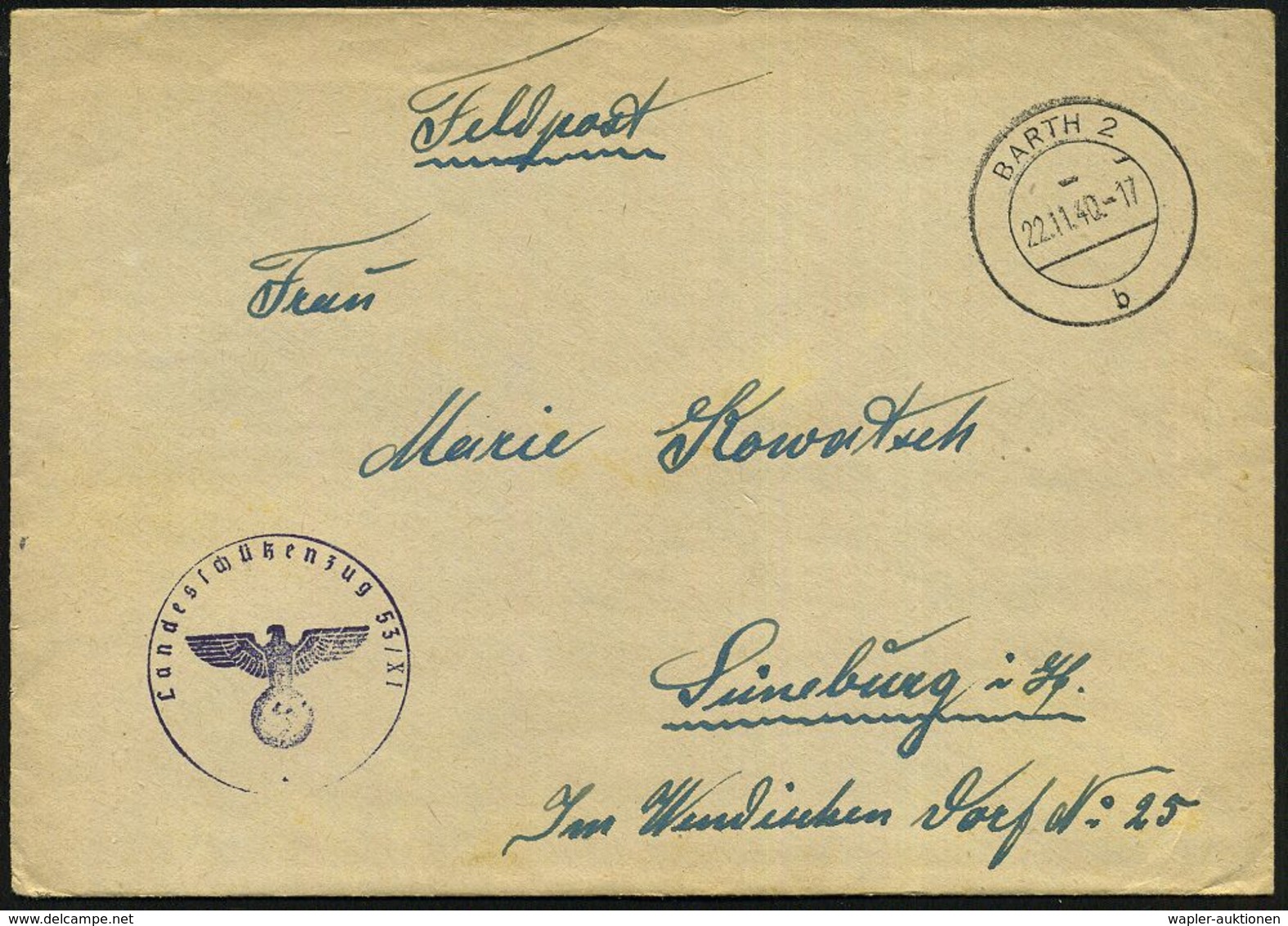 BARTH 2/ B 1940 (22.11.) 2K-Steg + Viol. 1K-Hdb: Landesschützenzug 53-XI = Bewachungs-Einheit Kgf.-Lager Barth Der Luftw - Croix-Rouge