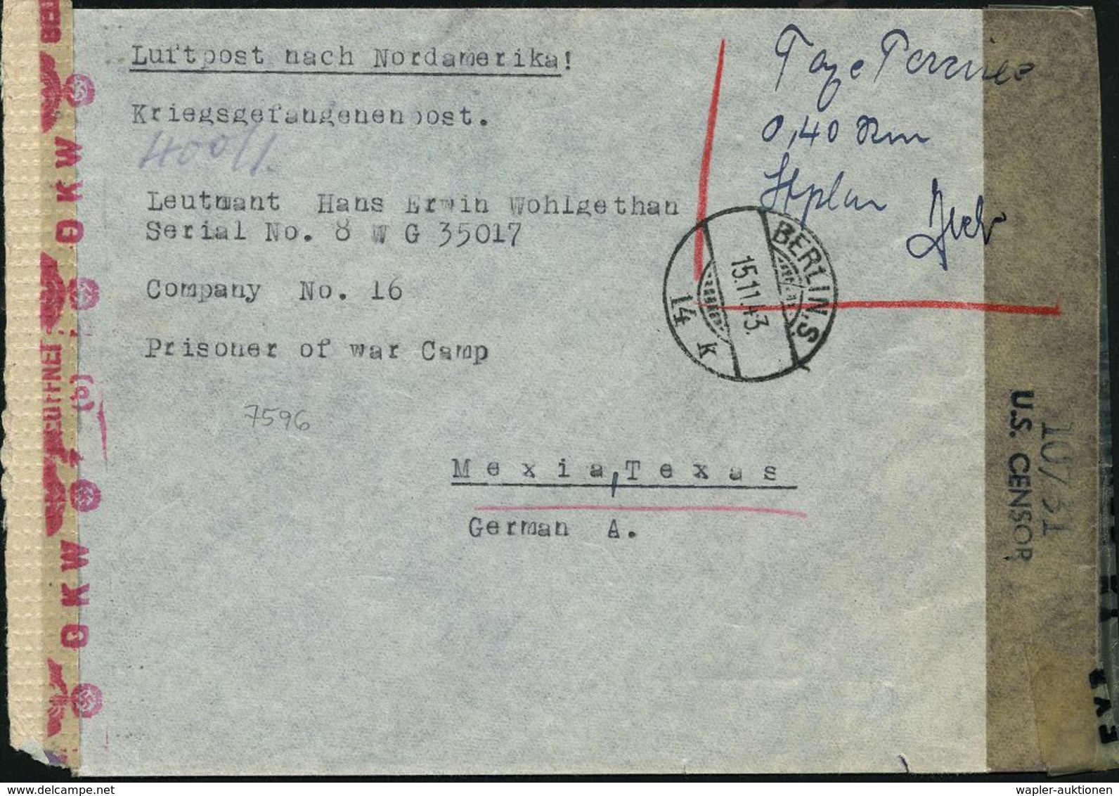 BERLIN,S./ 14/ K 1943 (15.11.) 1K-Gitter + Hs.Vermerk "Taxe Percue 0,40 RM.."  = N U R  Luftpost-Gebühr! + OKW-Zensurstr - Croix-Rouge